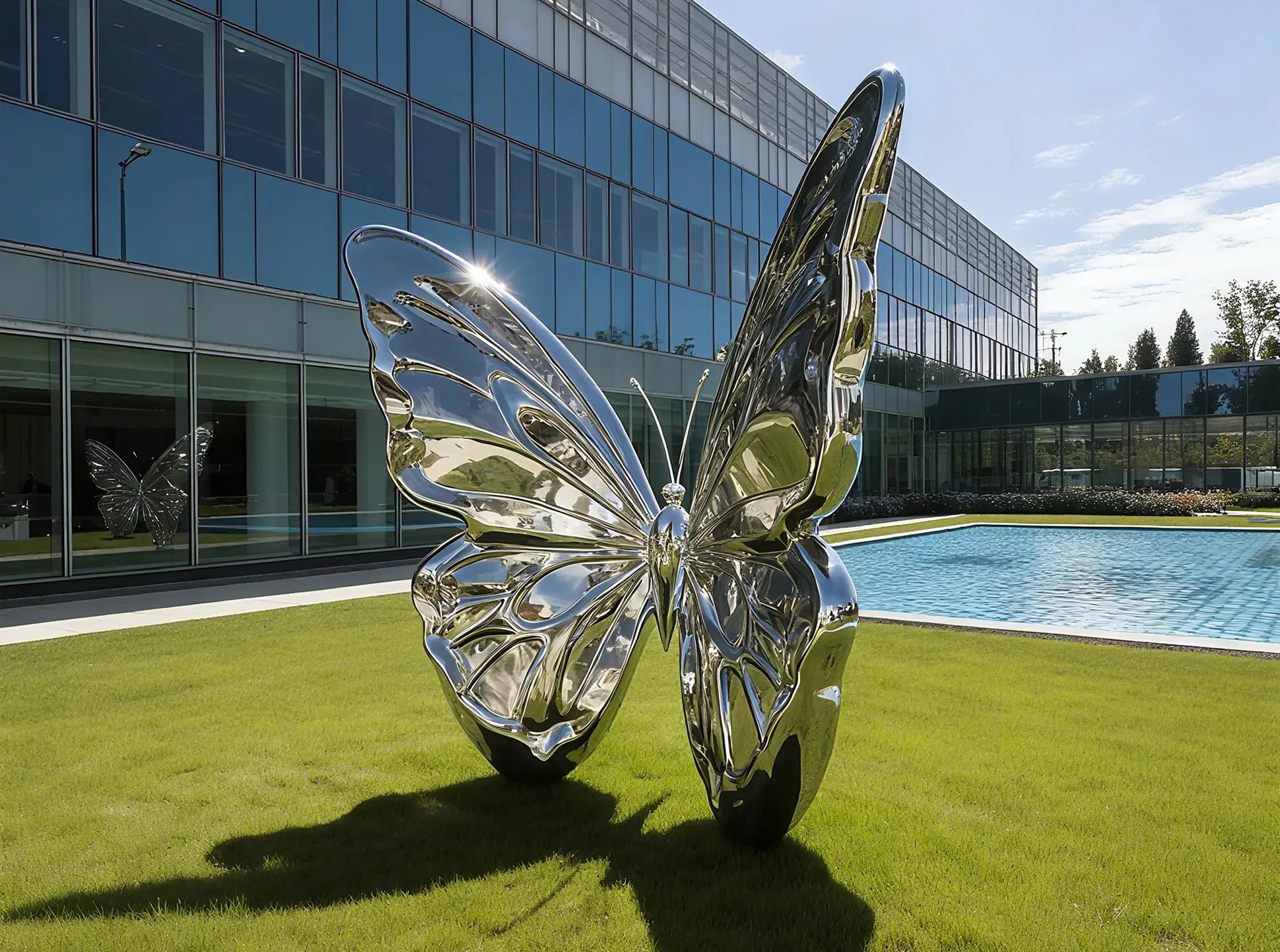 A shiny stainless steel butterfly sculpture sits on a lush green lawn. Nearby, there's a modern building with glass walls and a blue swimming pool, under a clear sky.