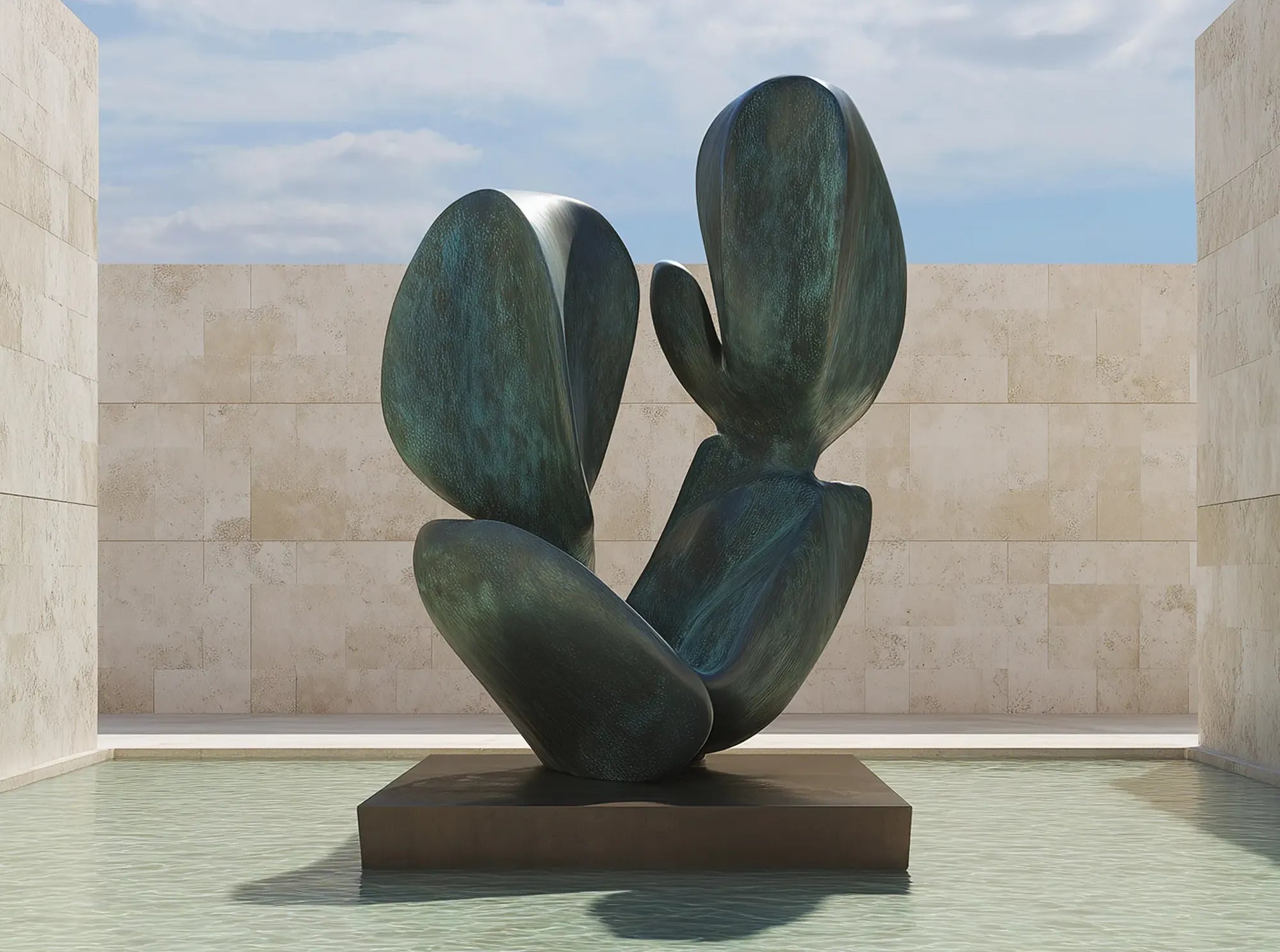Bronze cactus-shaped sculpture, placed in a plaza with water, against a backdrop of stone walls and blue sky