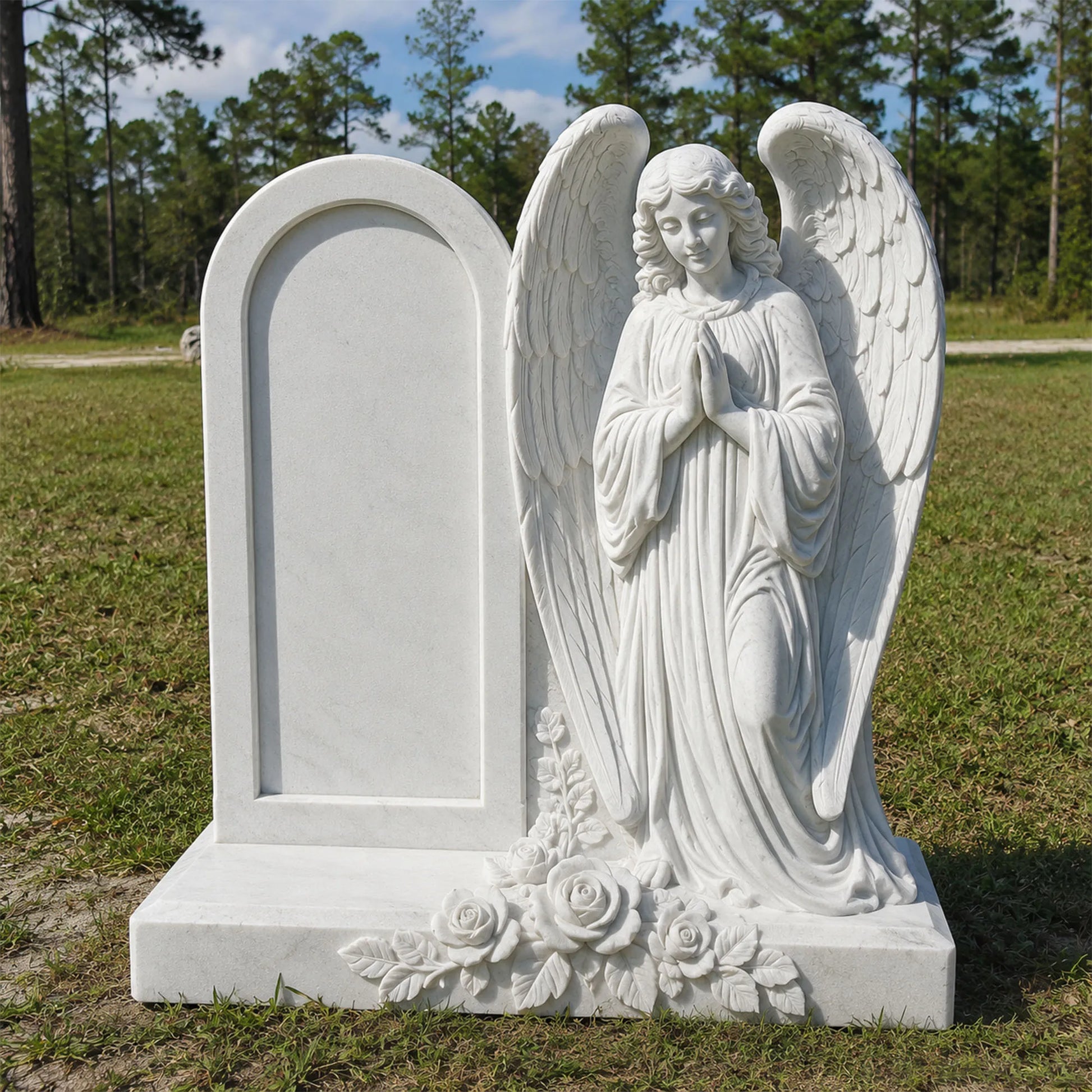White marble tombstone paired with standing angel statue and carved rose blooms sits on green grass field.