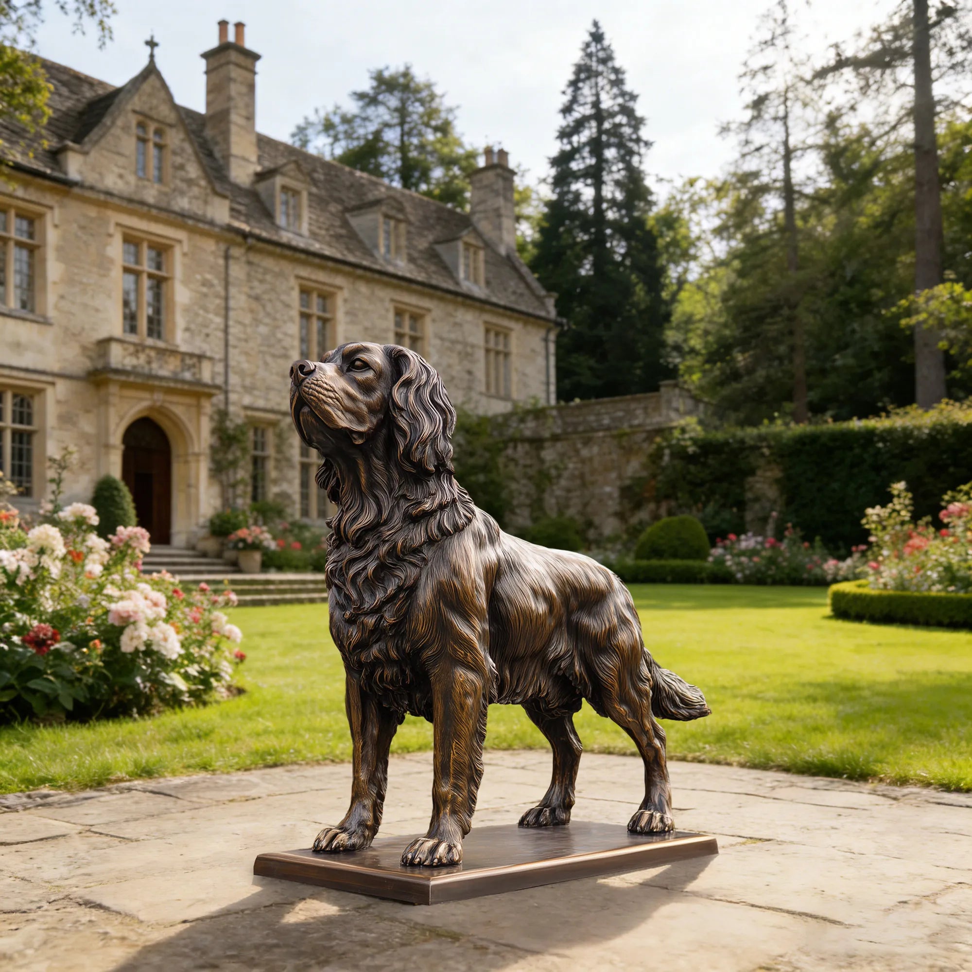 Bronze standing dog statue on a stone patio in front of a historic estate garden and manor house.