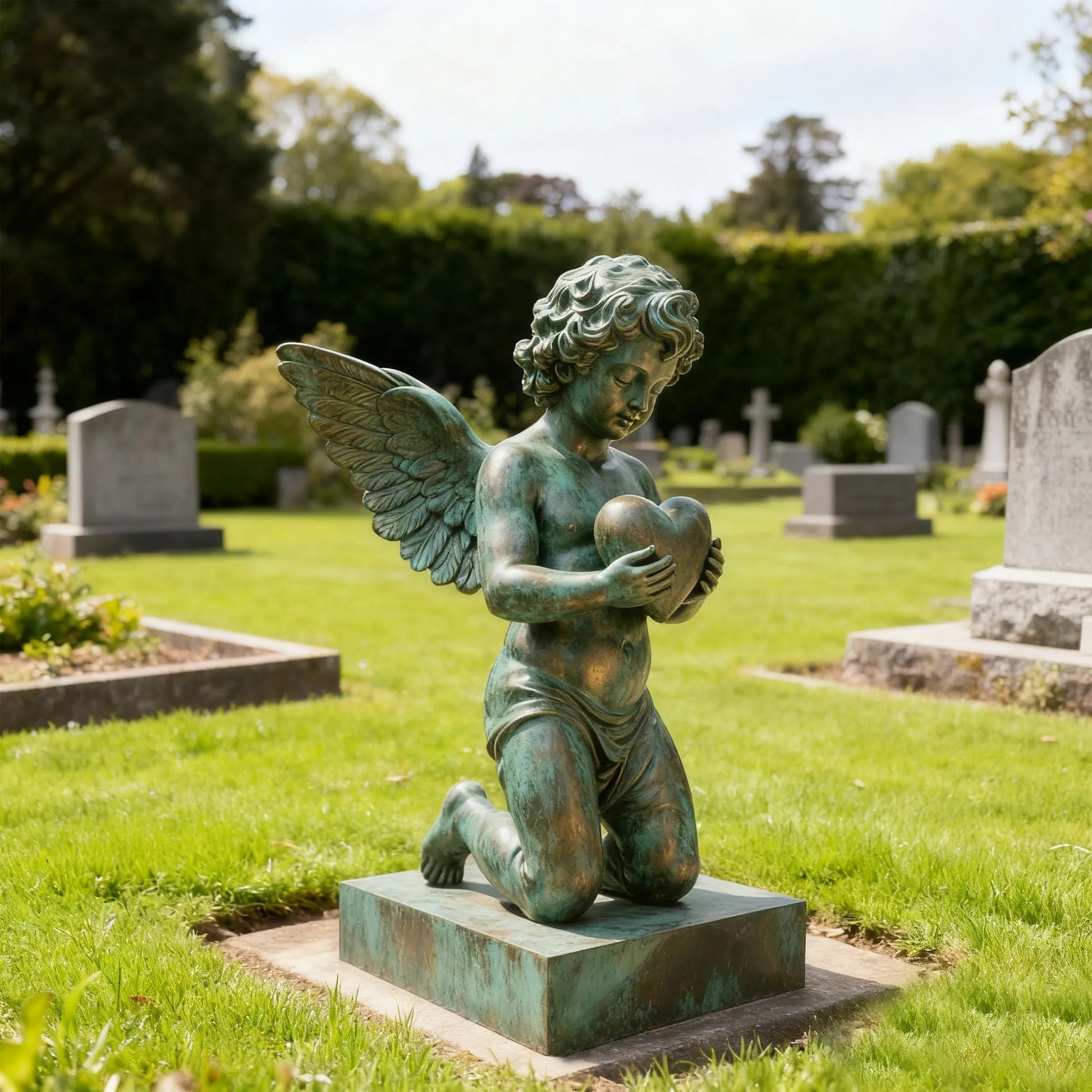 Classical bronze sculpture of a kneeling cherub angel holding a heart that embodies love and purity and eternal remembrance for gardens and memorial spaces.