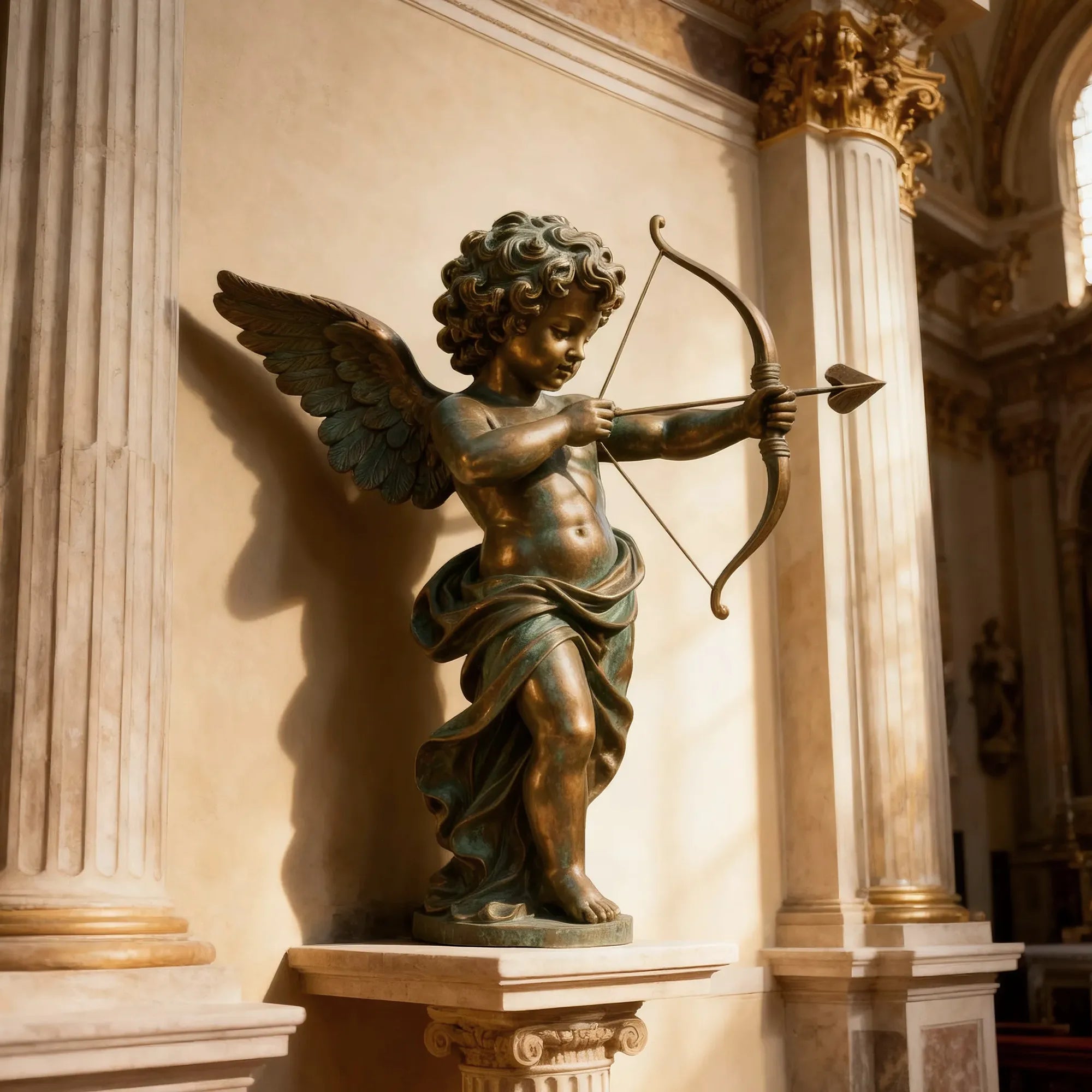 Classical bronze sculpture of Cupid drawing a bow and arrow for villas, gardens, and courtyards.