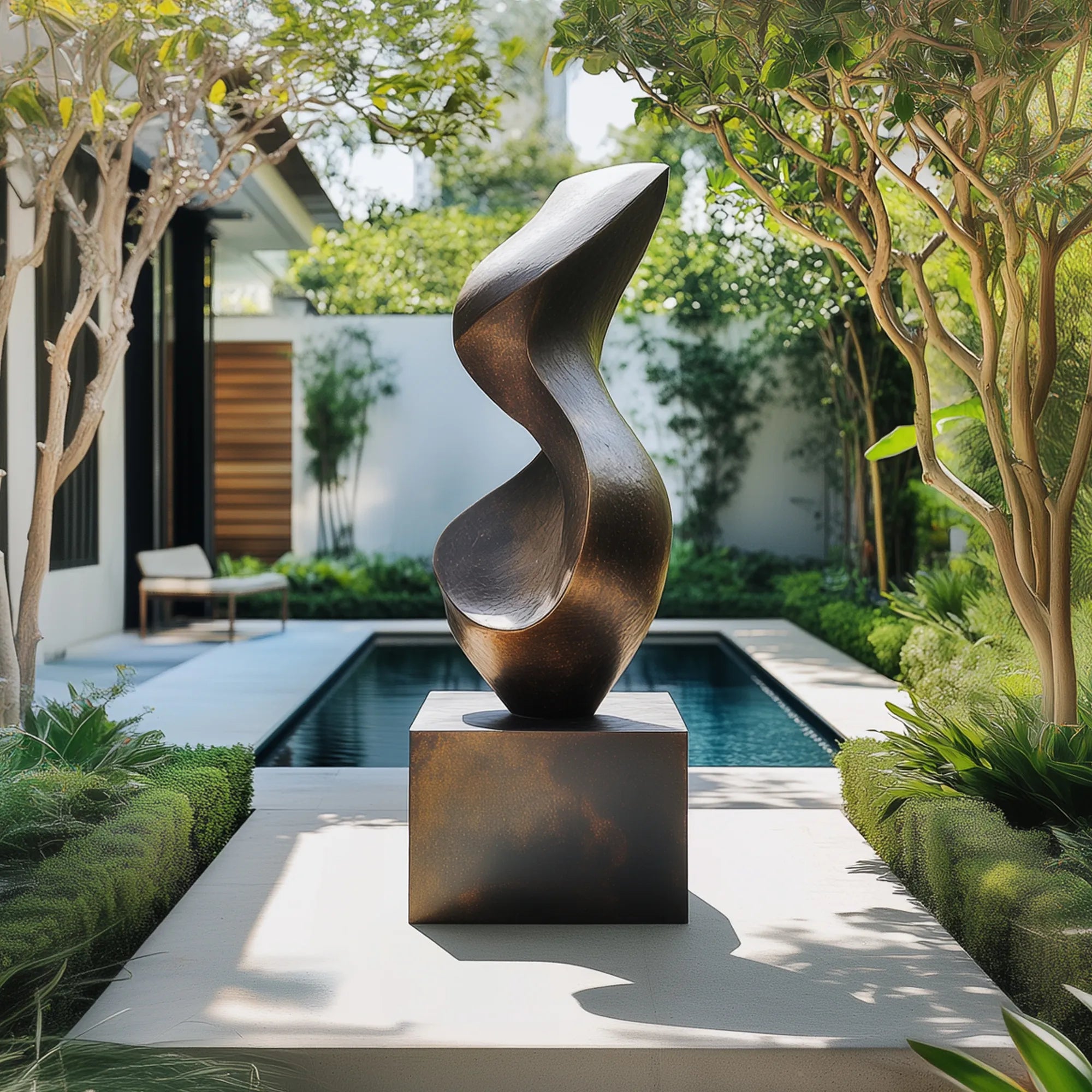 Bronze sculpture with waveform design for gardens. 