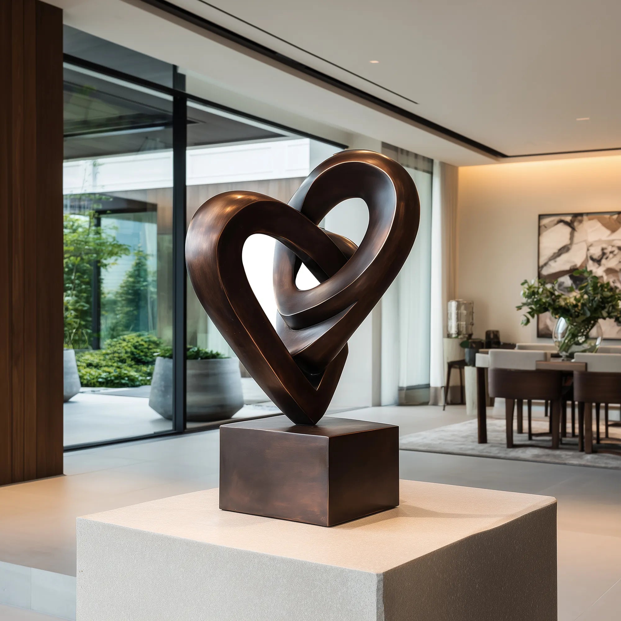 Abstract bronze heart sculpture in modern design for interior setting