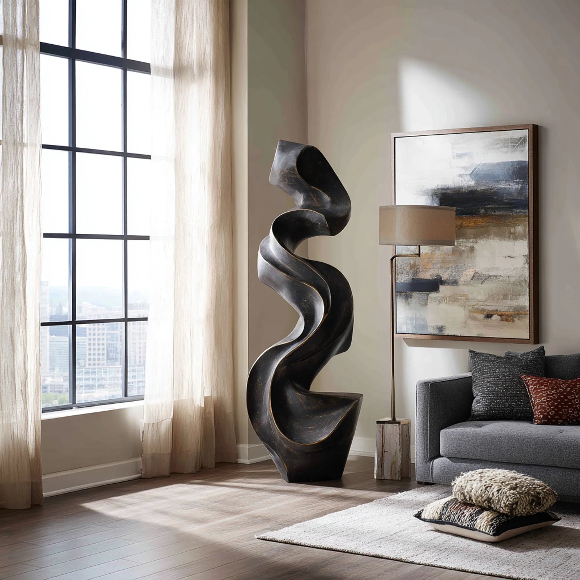 Modern bronze sculpture with waveform design for indoors.