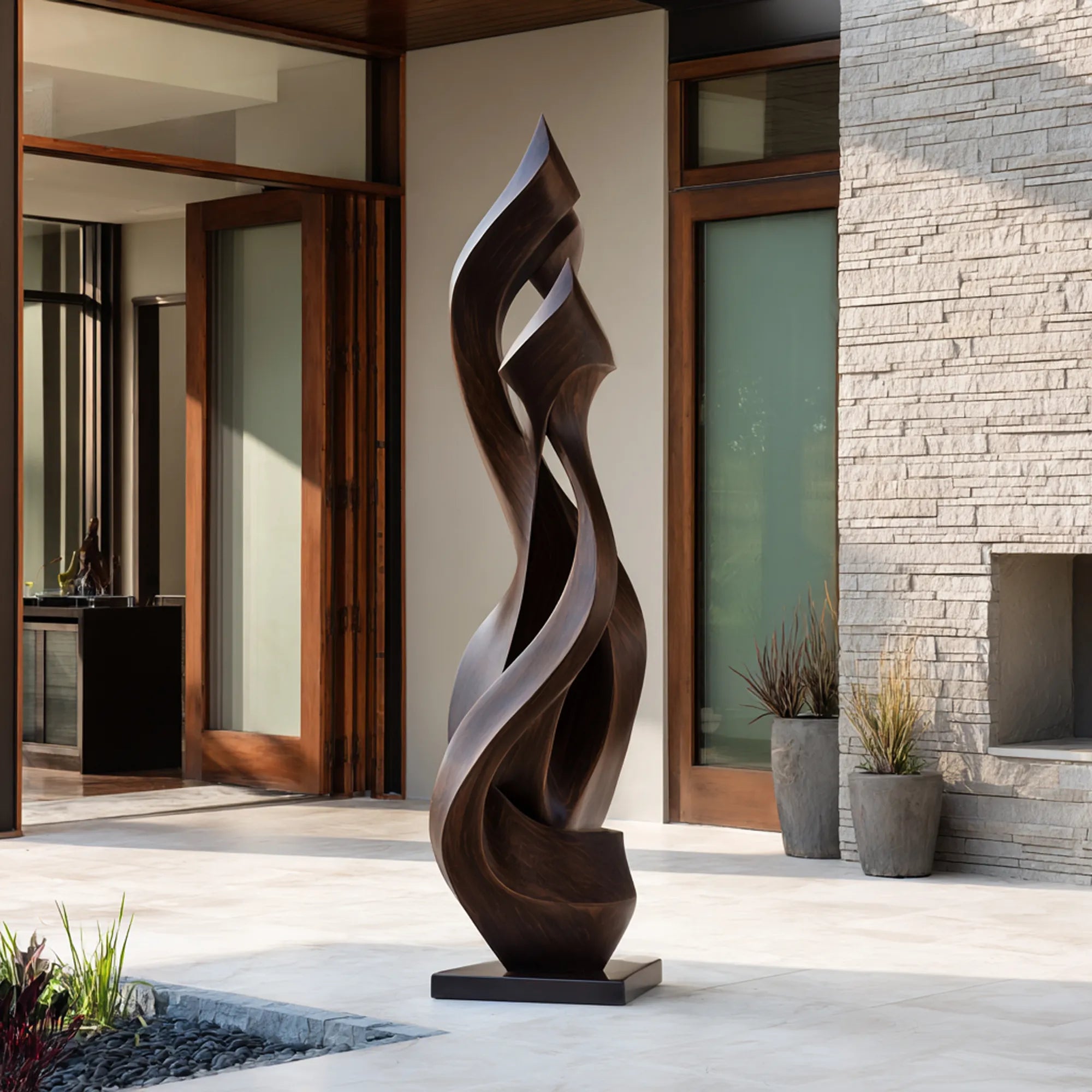 Abstract bronze sculpture with flowing, wave-like curves for modern villa courtyards.
