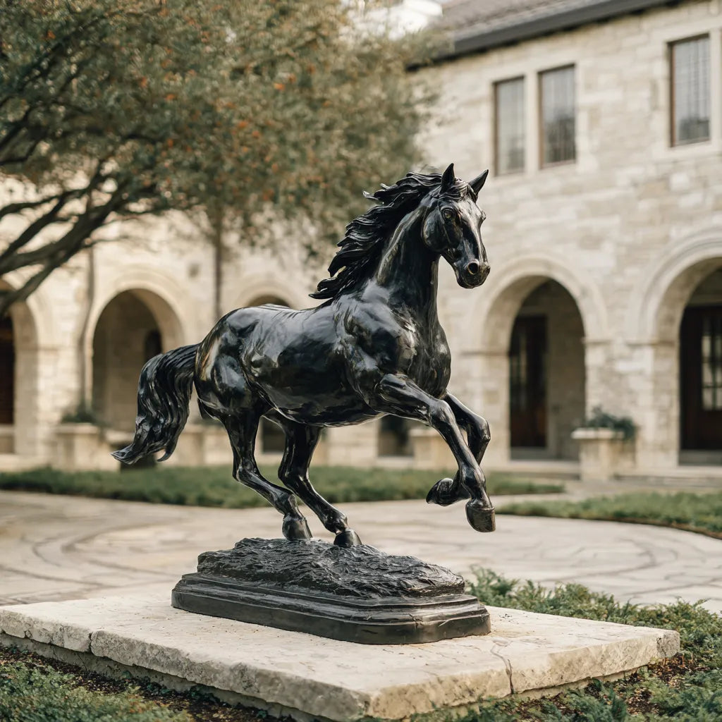 Bronze galloping horse sculpture in dynamic pose with raised hooves, ideal for plazas, parks, and outdoor spaces.