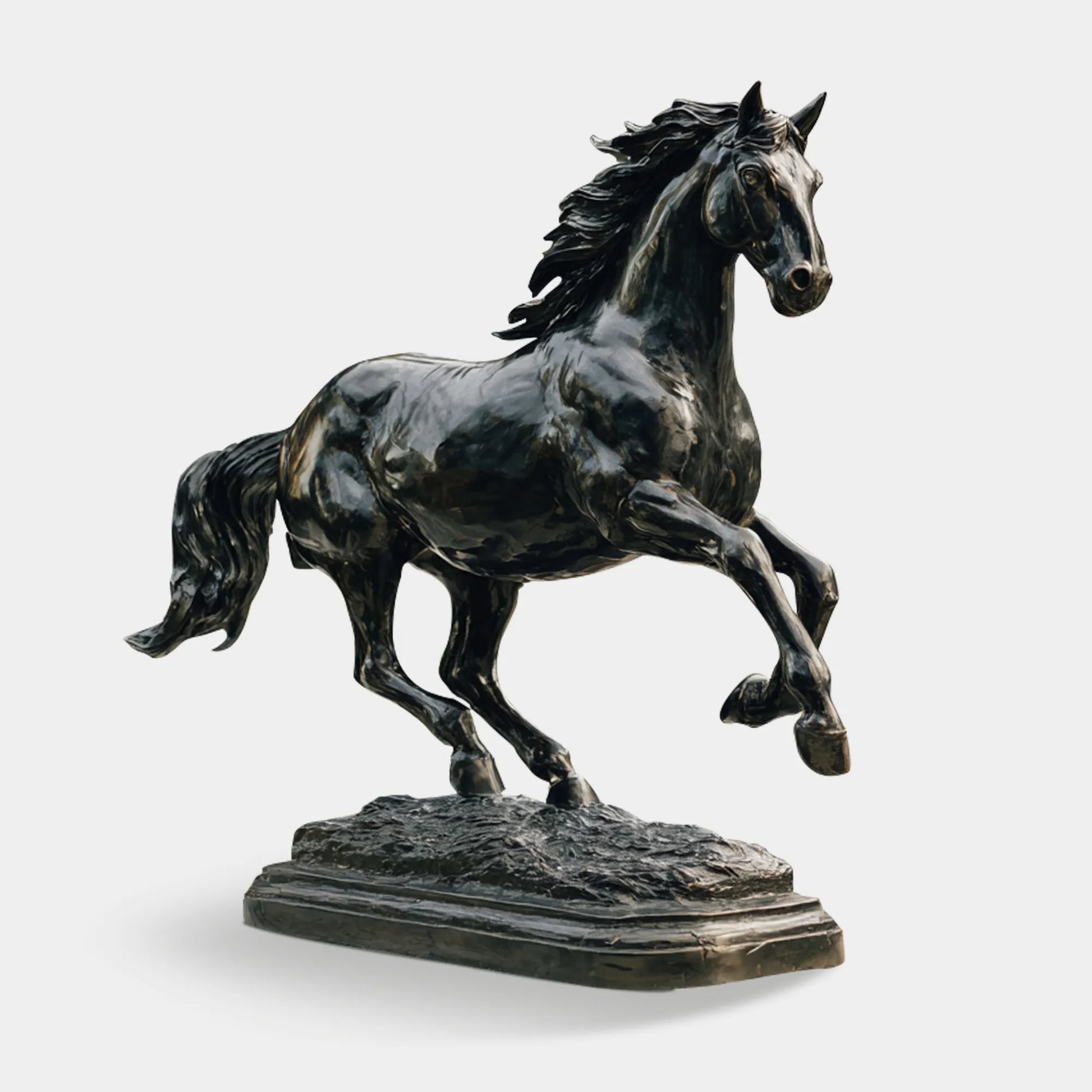 Bronze galloping horse sculpture in dynamic pose with raised hooves, ideal for plazas, parks, and outdoor spaces.