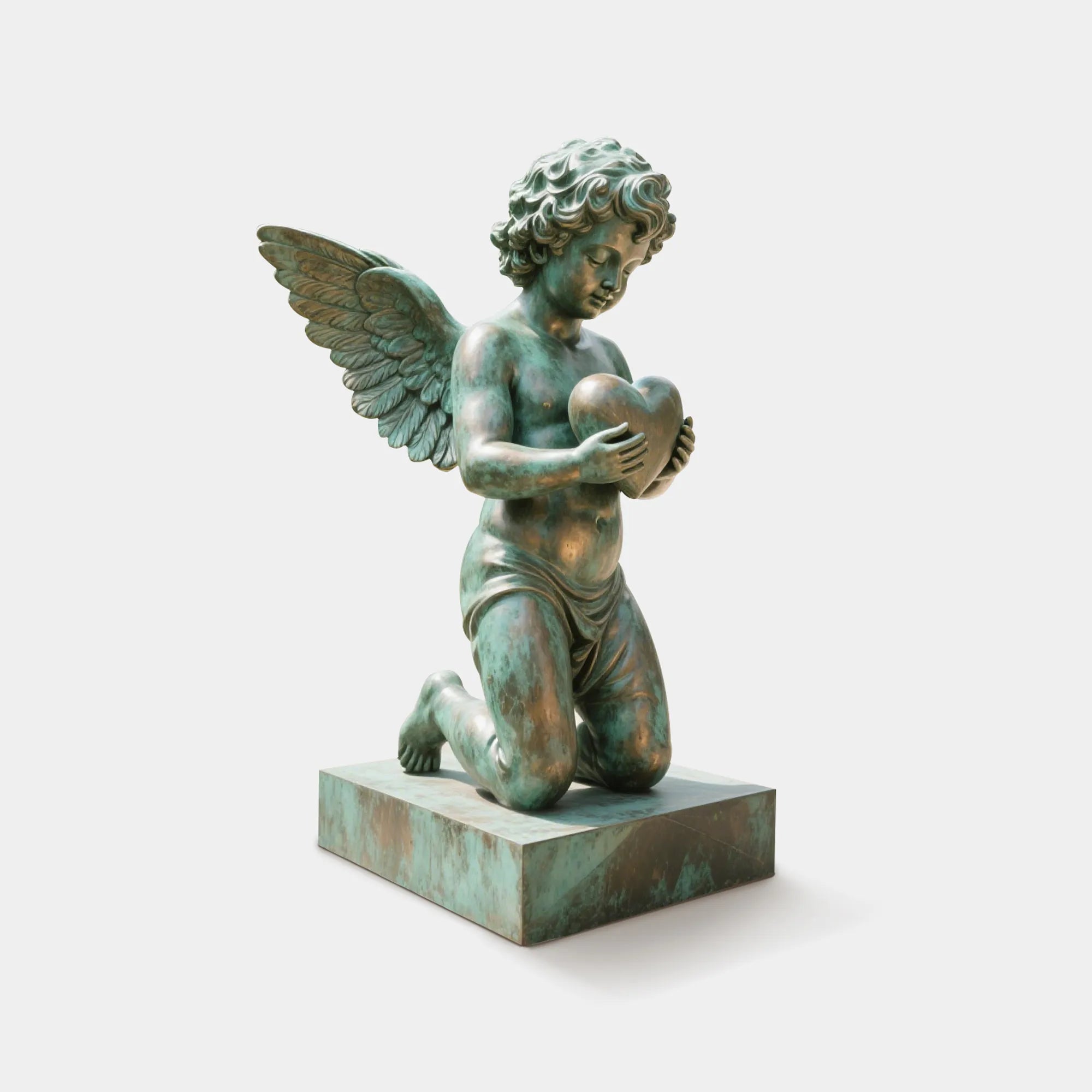 Classical bronze sculpture of a kneeling cherub angel holding a heart that embodies love and purity and eternal remembrance for gardens and memorial spaces.