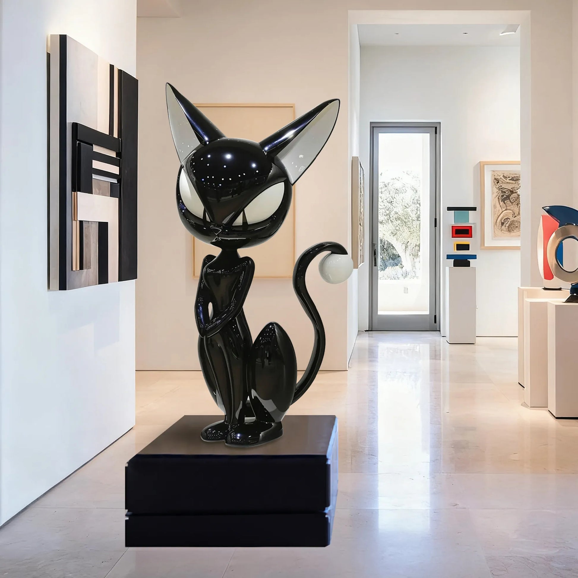 Fiberglass Sculpture of a Black Cat in Animated Style for Galleries and Modern Interiors
