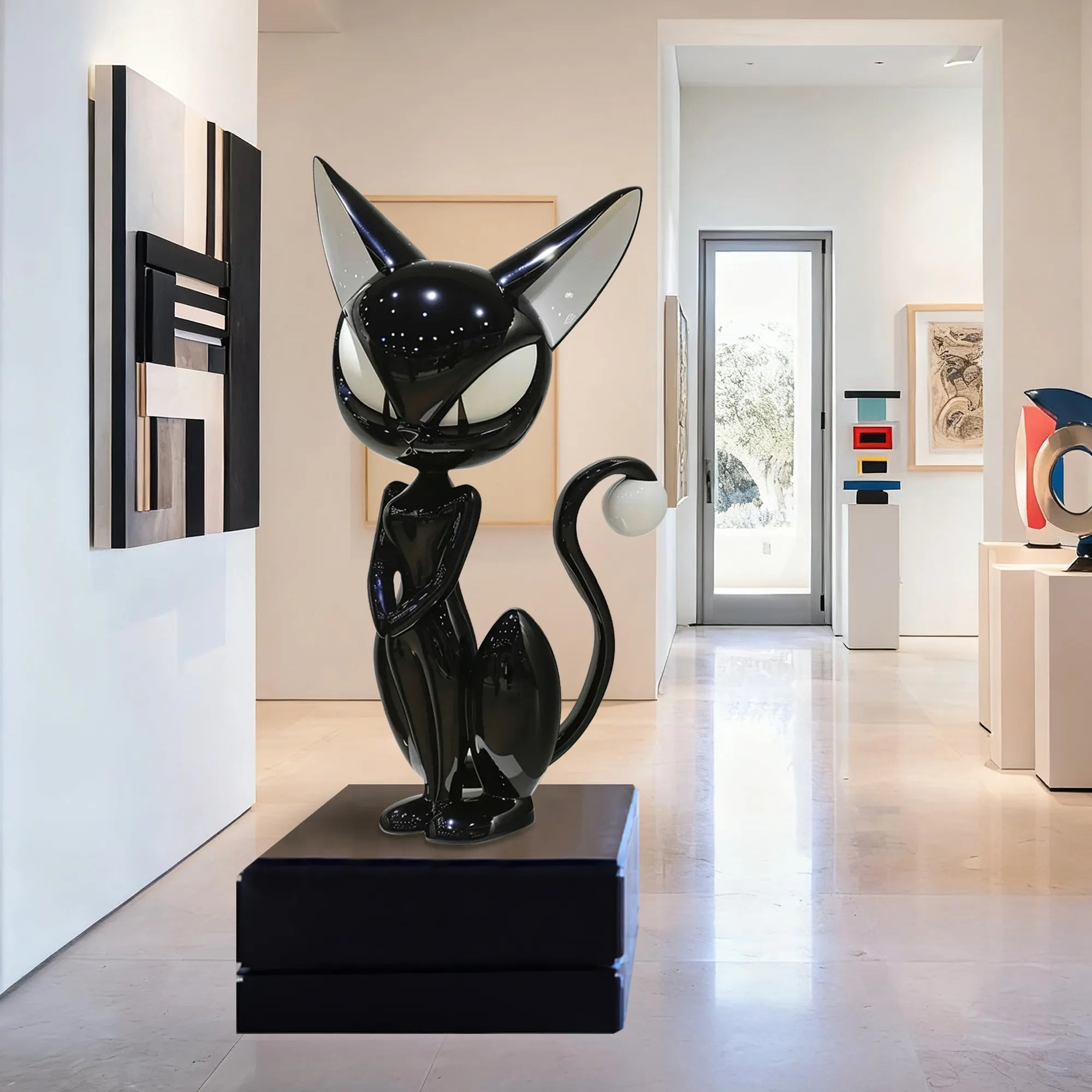 Fiberglass Sculpture of a Black Cat in Animated Style for Galleries and Modern Interiors
