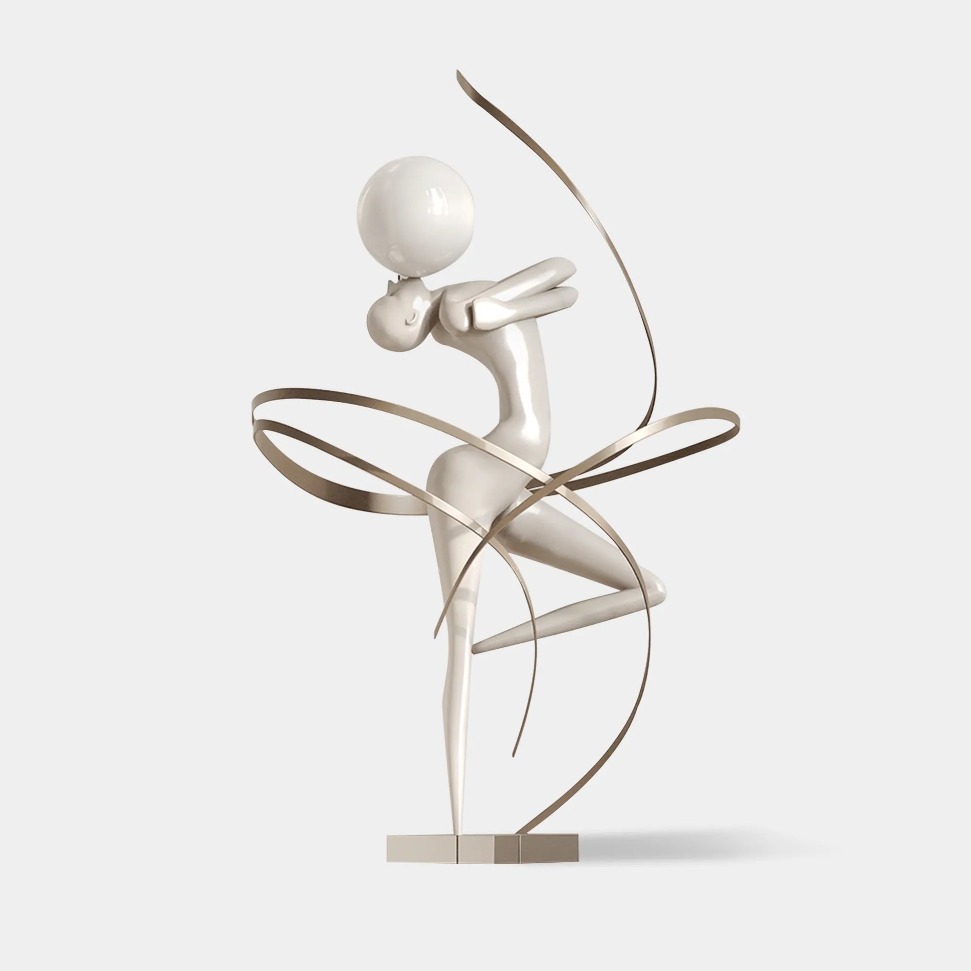 Modern fiberglass sculpture of a figure with ball and ribbons for interiors.