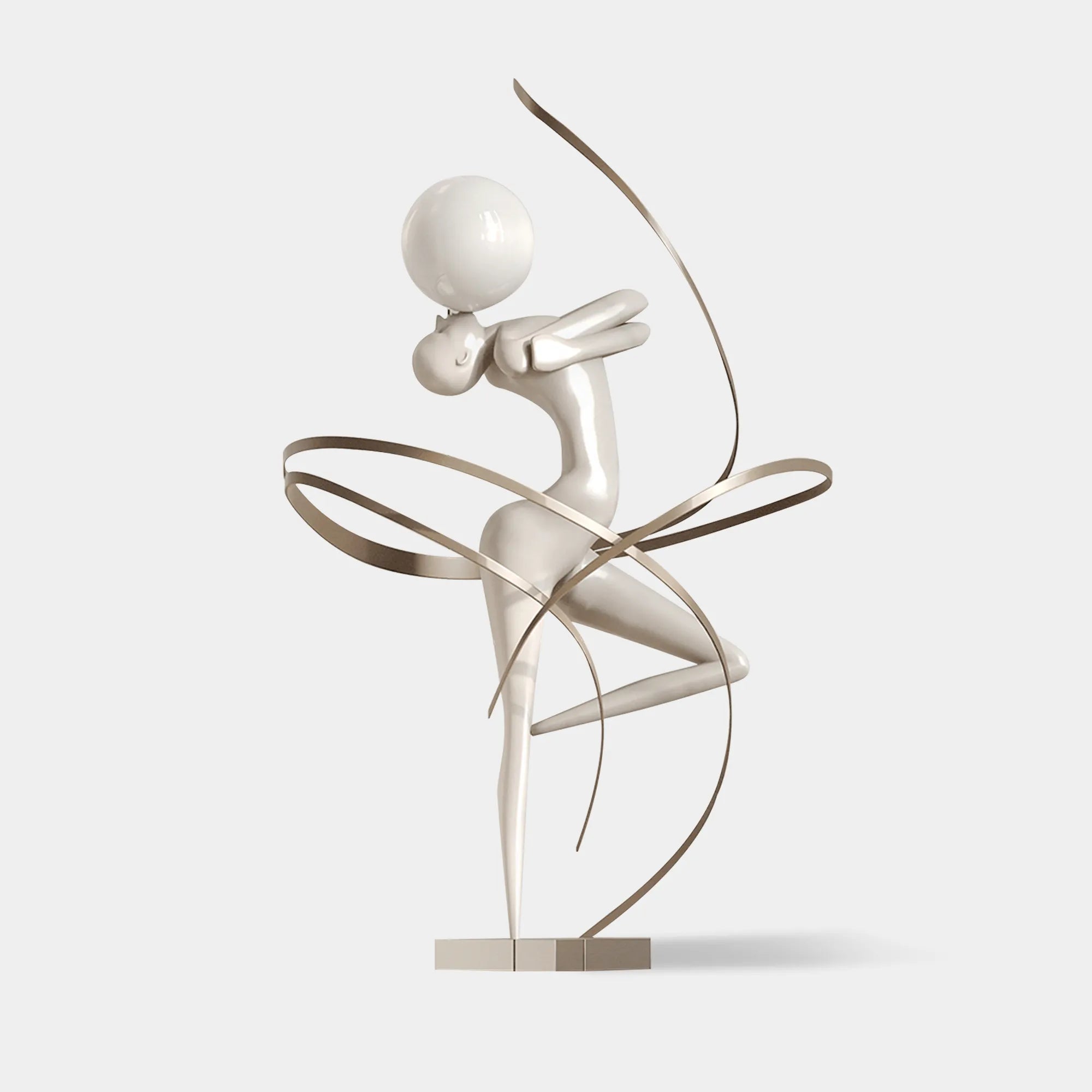 Modern fiberglass sculpture of a figure with ball and ribbons for interiors.