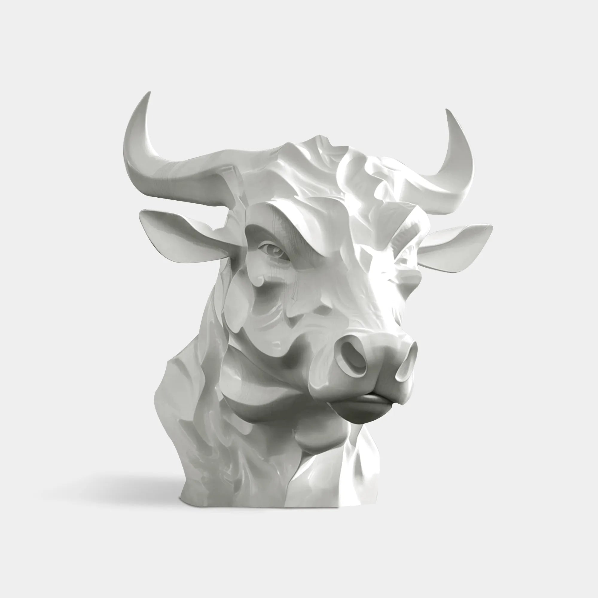 Bull head sculpture in fiberglass with determined expression for villas.
