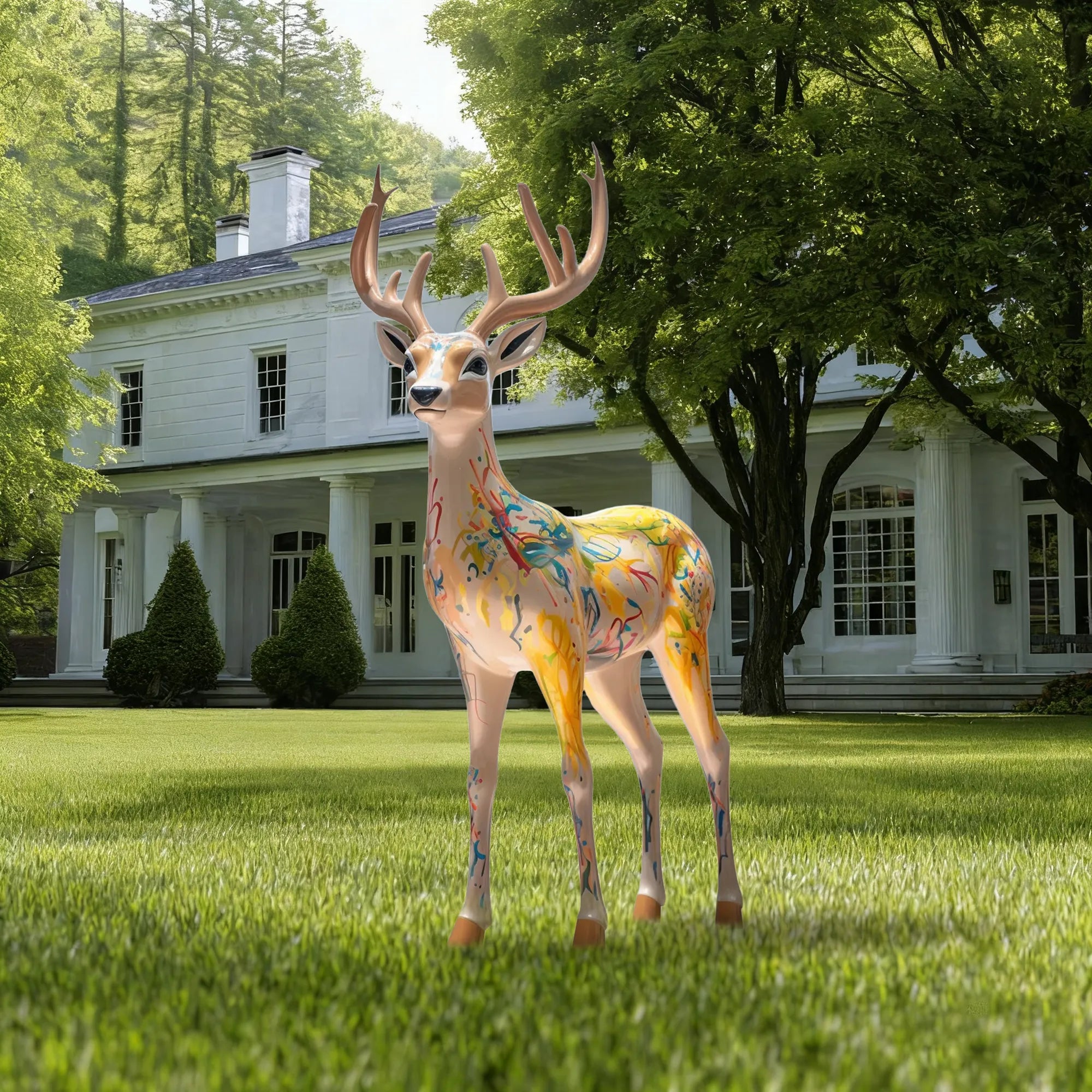 Floor Fiberglass Sculpture of a Colorful Graffiti Painted Deer for Gardens