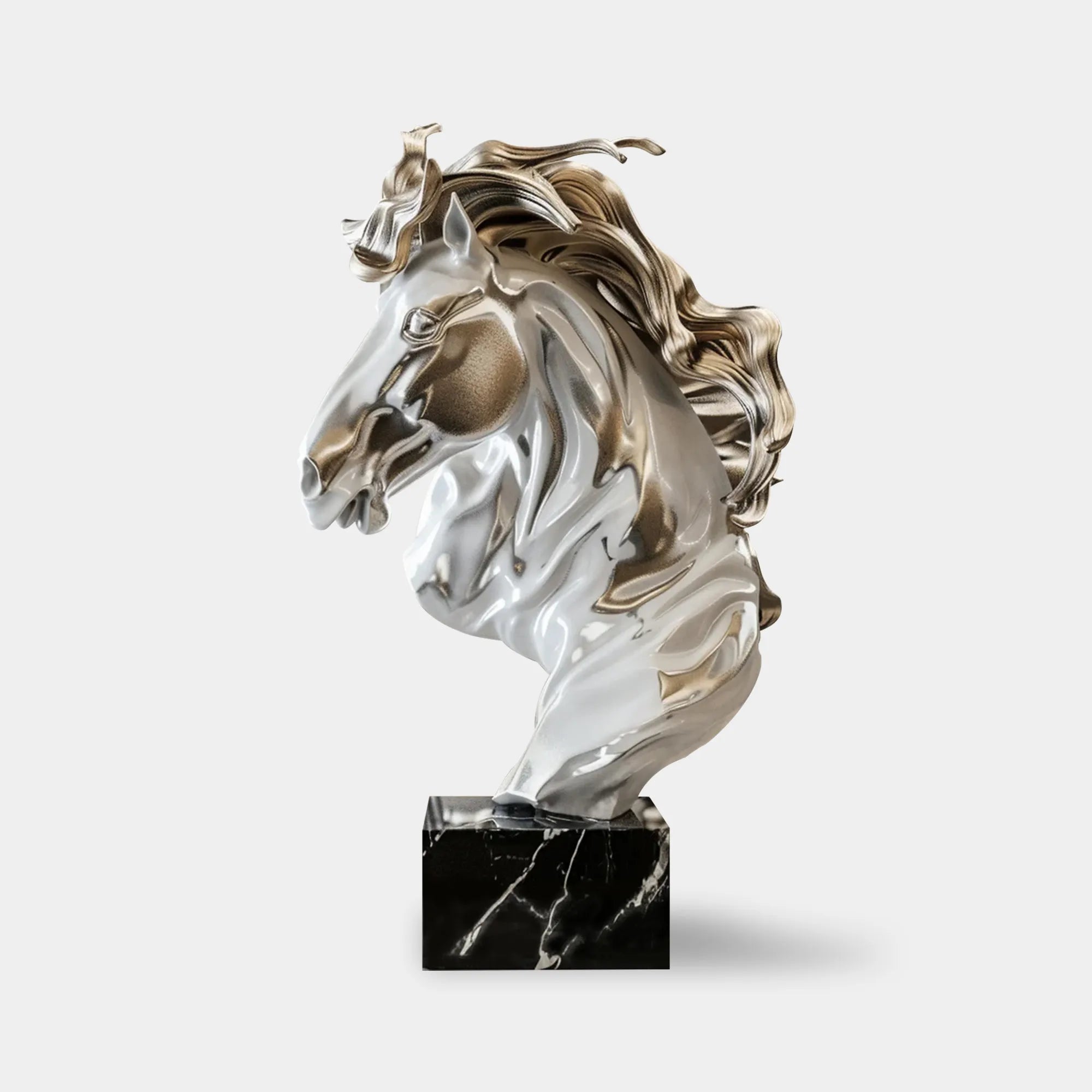 Fiberglass horse head sculpture with flowing mane design, ideal for villas, interiors, galleries, and public spaces.