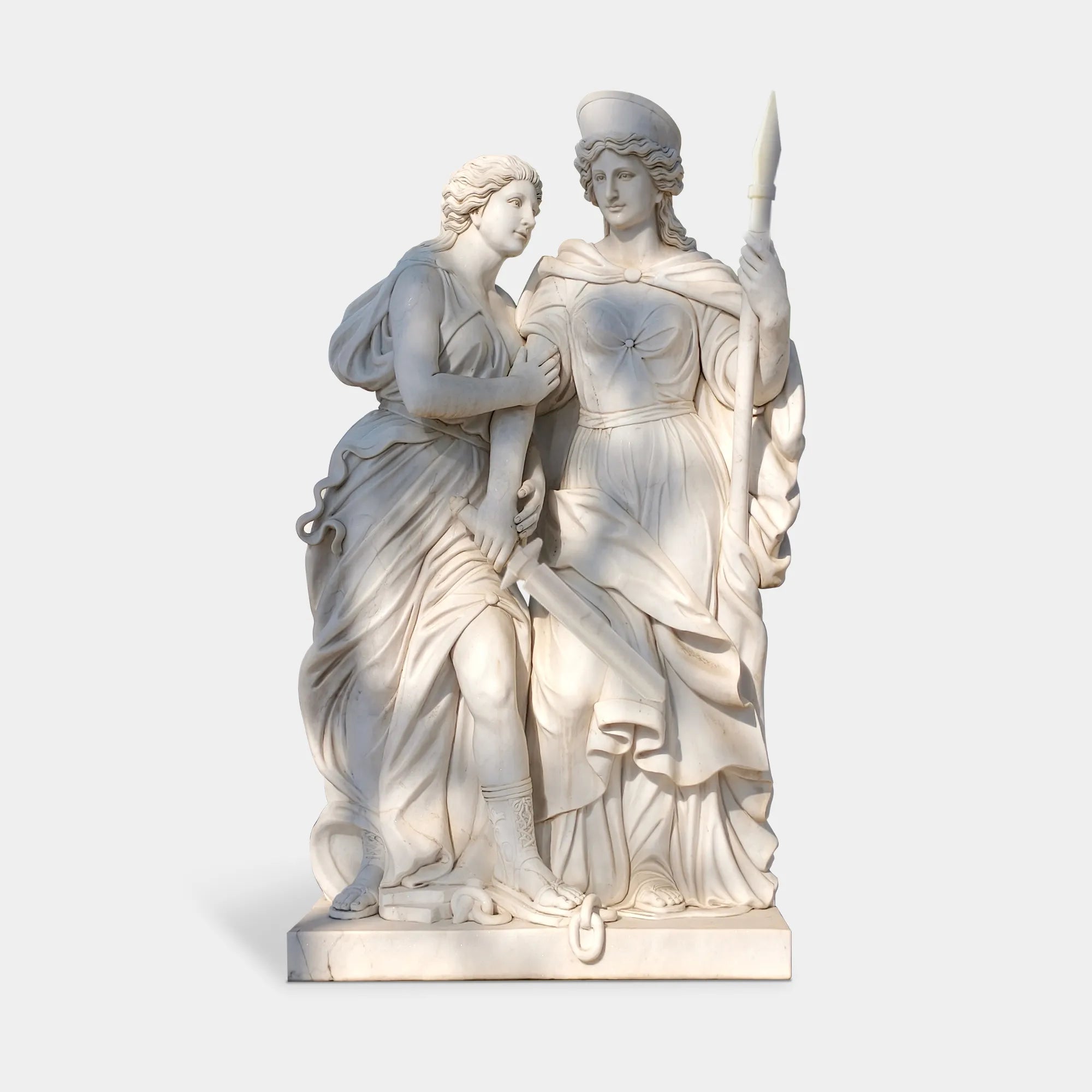 Classical marble sculpture of two female figures for outdoor spaces.
