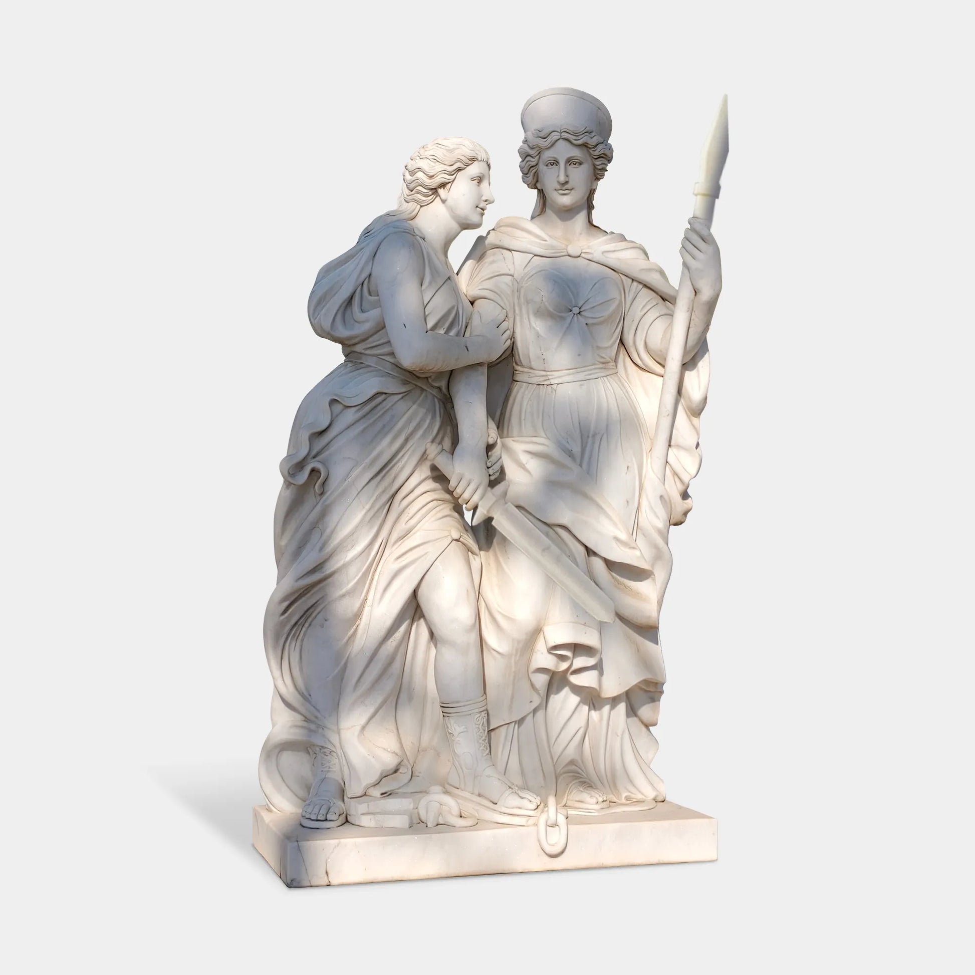 Classical marble sculpture of two female figures for outdoor spaces.
