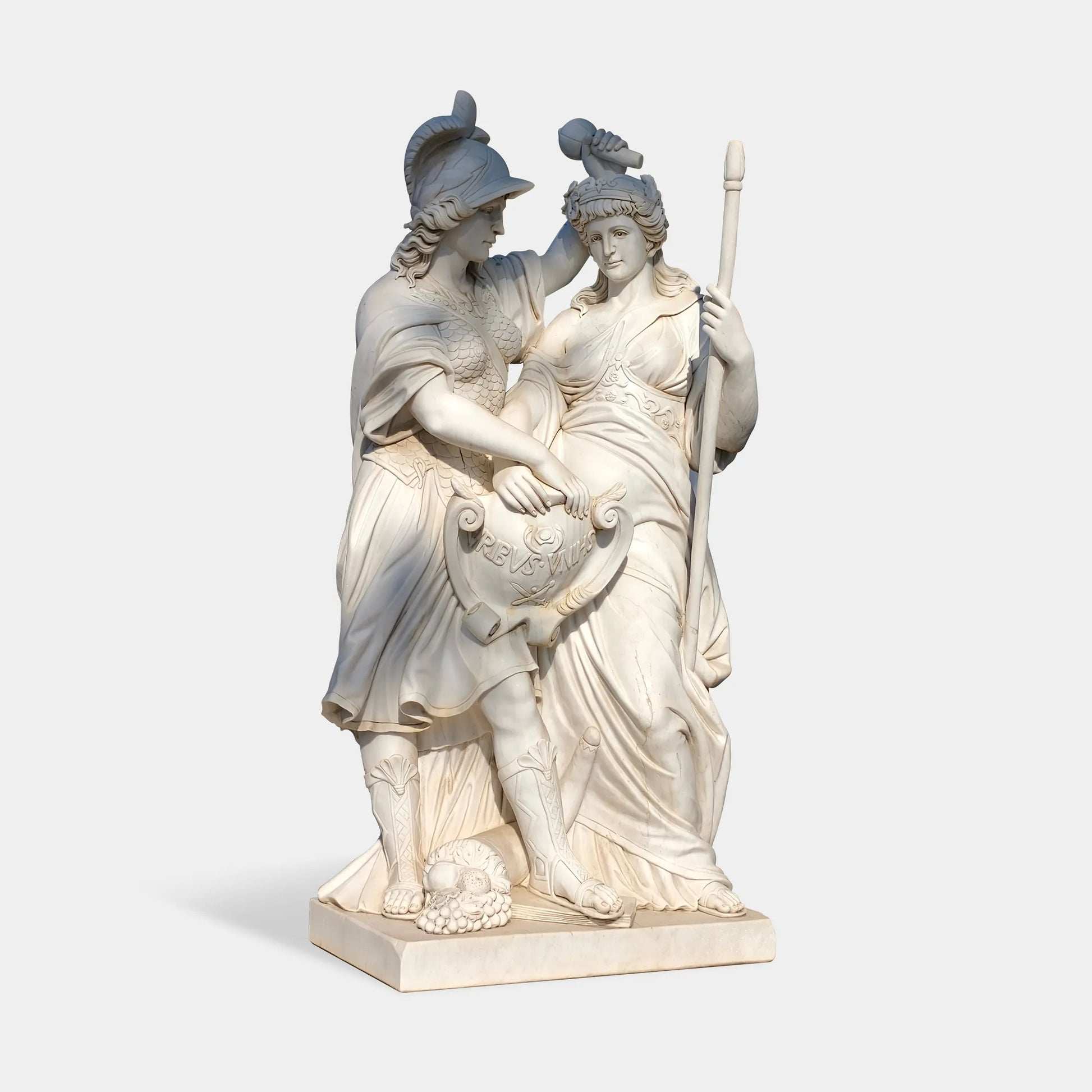 Classical marble sculpture of two goddesses with shield and staff for gardens.