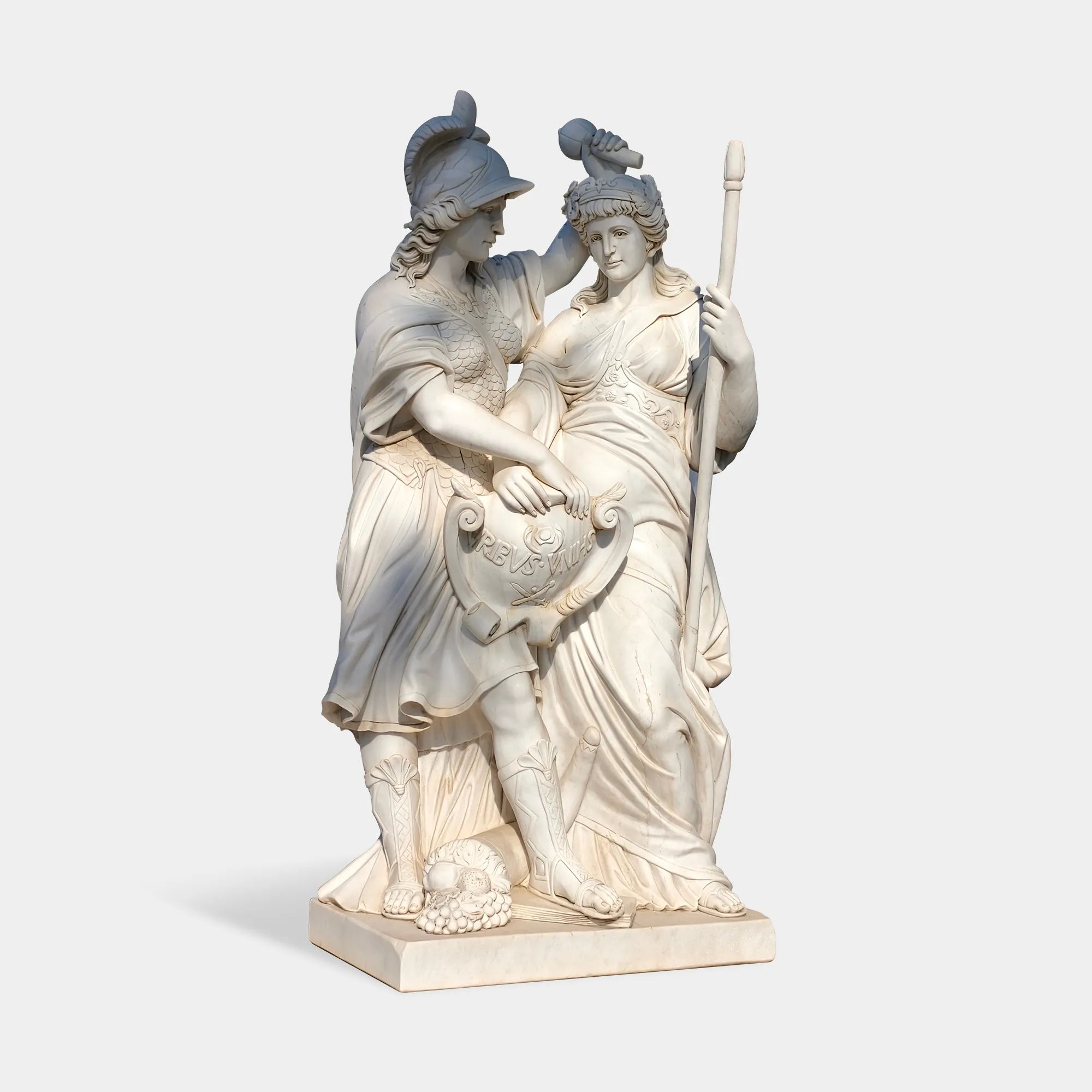 Classical marble sculpture of two goddesses with shield and staff for gardens.