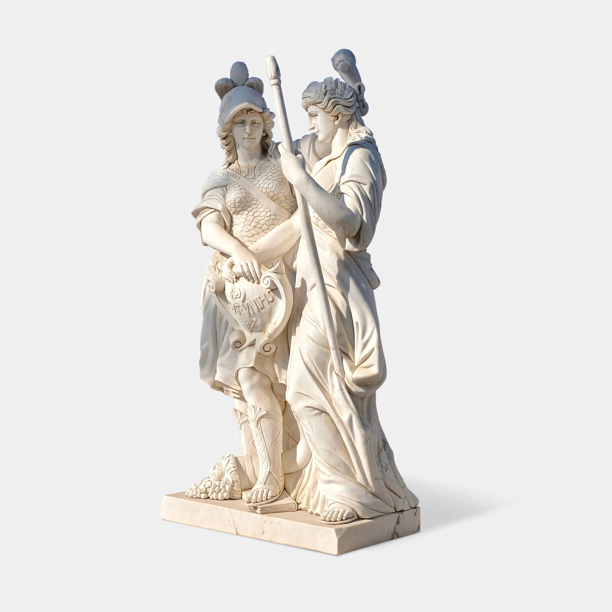 Classical marble sculpture of two goddesses with shield and staff for gardens.