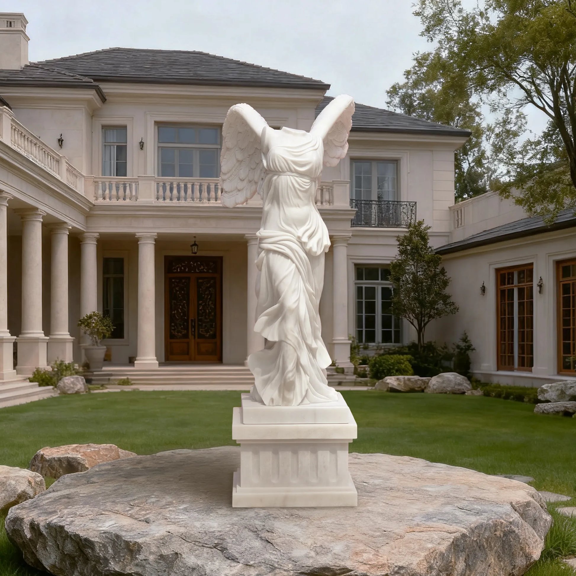 Classical marble sculpture of the Winged Victory of Samothrace with flowing drapery and soaring wings for luxury villas, courtyards, and art galleries.