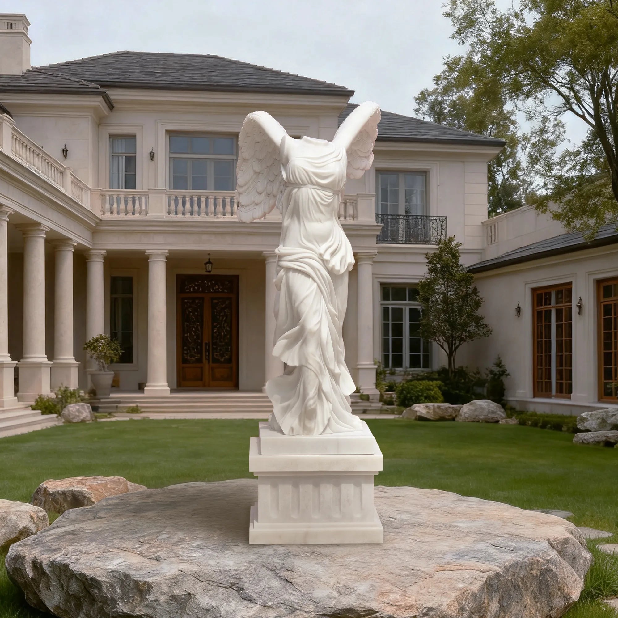 Classical marble sculpture of the Winged Victory of Samothrace with flowing drapery and soaring wings for luxury villas, courtyards, and art galleries.