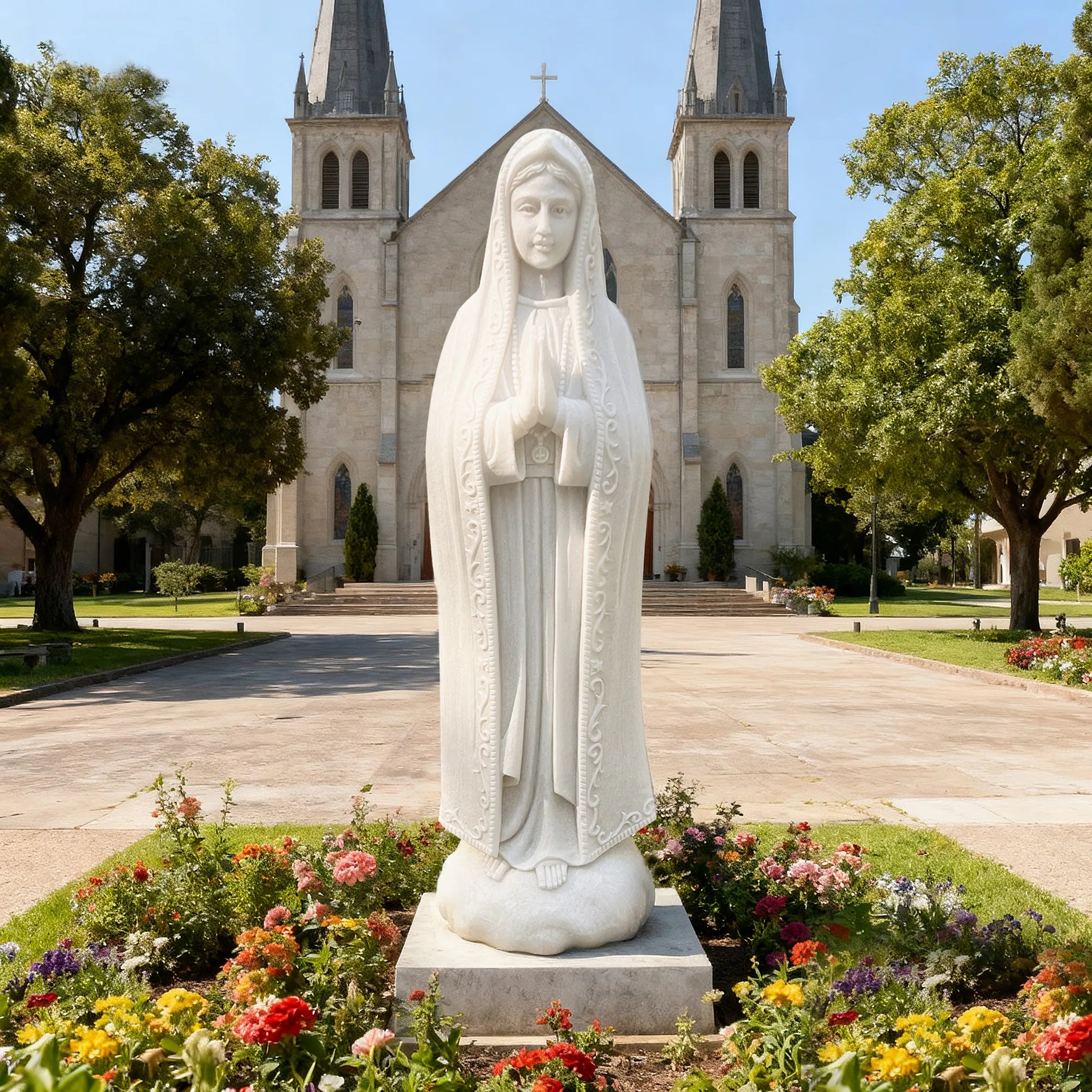 Classical marble statue of Our Lady of Fátima with flowing robe and serene expression for devotional settings in churches, chapels, and sacred gardens.