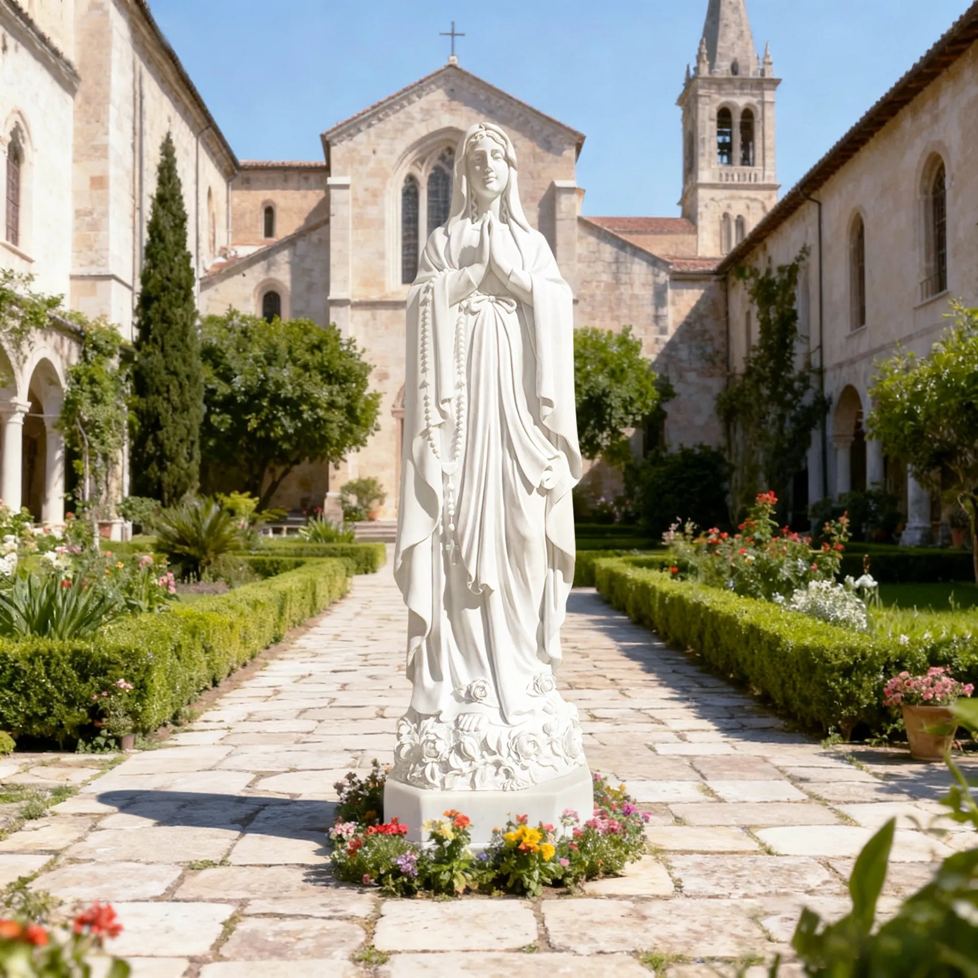 Classical marble sculpture of Virgin Mary with serene expression and flowing robes for religious settings in churches, chapels, and sacred gardens.