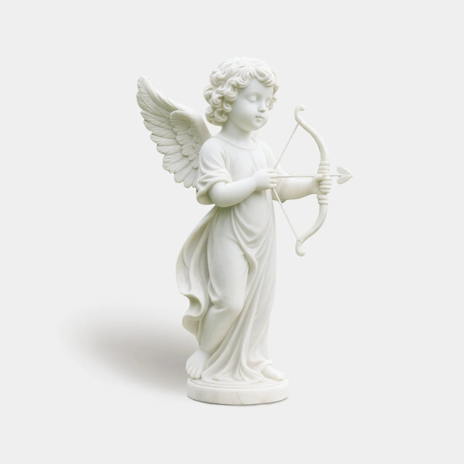 Classical marble statue of Cupid with gentle bow for gardens, villa courtyards and outdoor spaces.