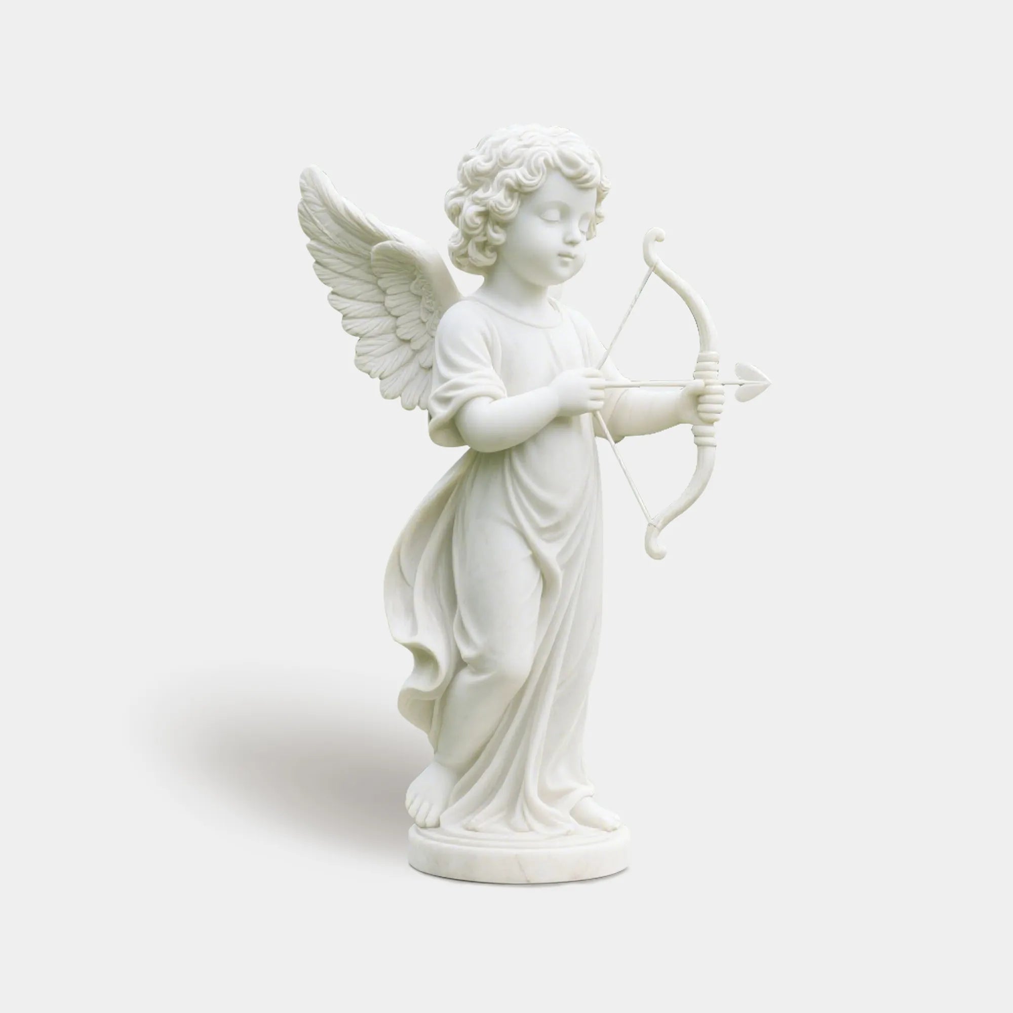 Classical marble statue of Cupid with gentle bow for gardens, villa courtyards and outdoor spaces.