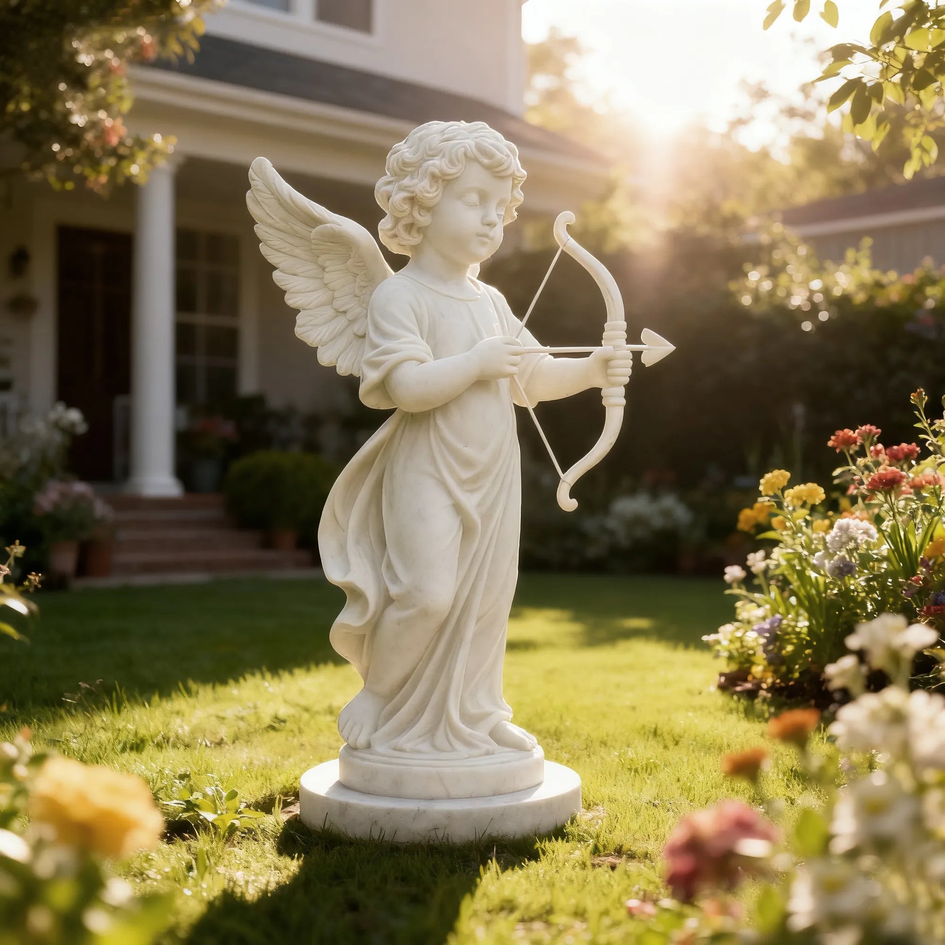 Classical marble statue of Cupid with gentle bow for gardens, villa courtyards and outdoor spaces.