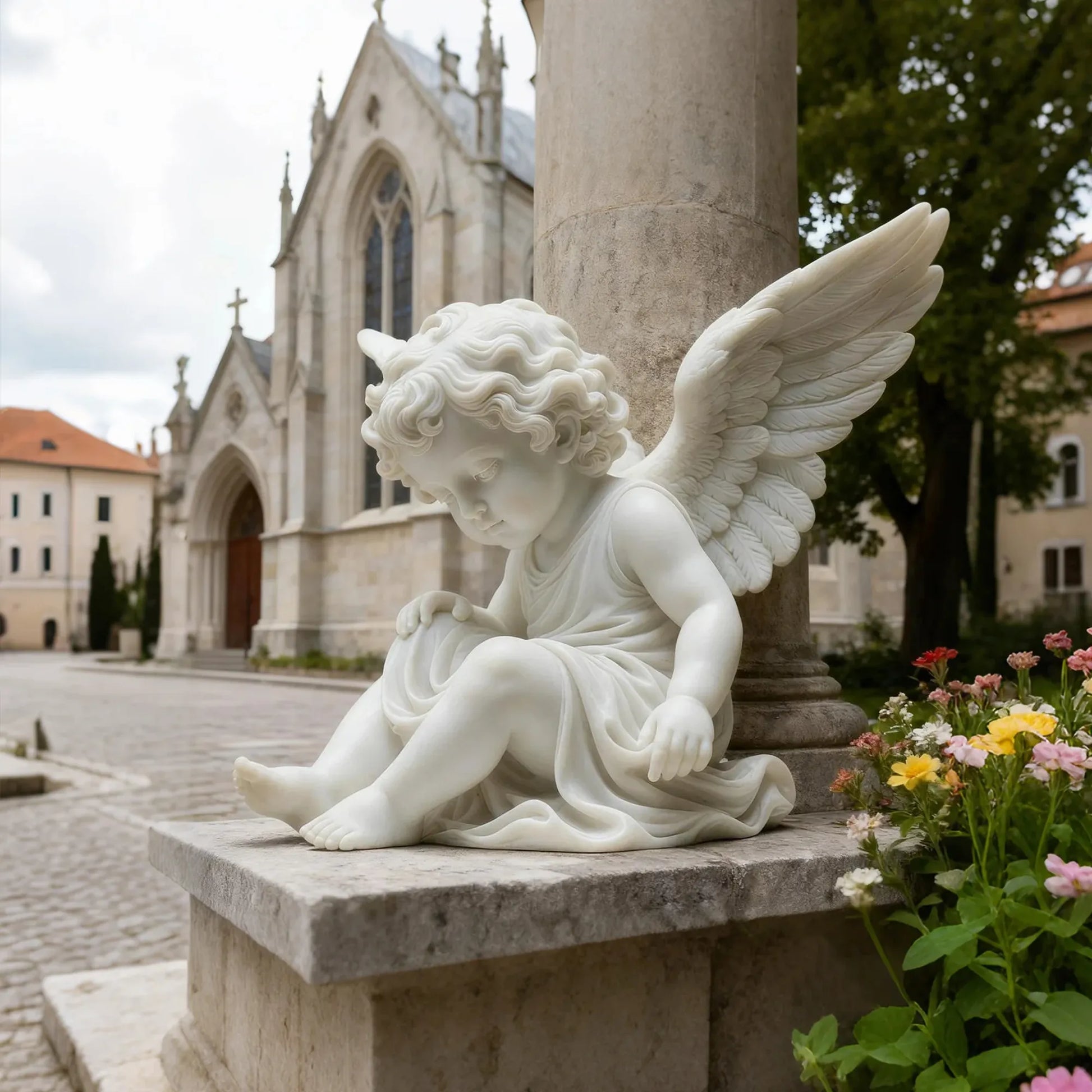 Classical marble sculpture of a seated cherub angel with uplifted wings for gardens and villa courtyards.