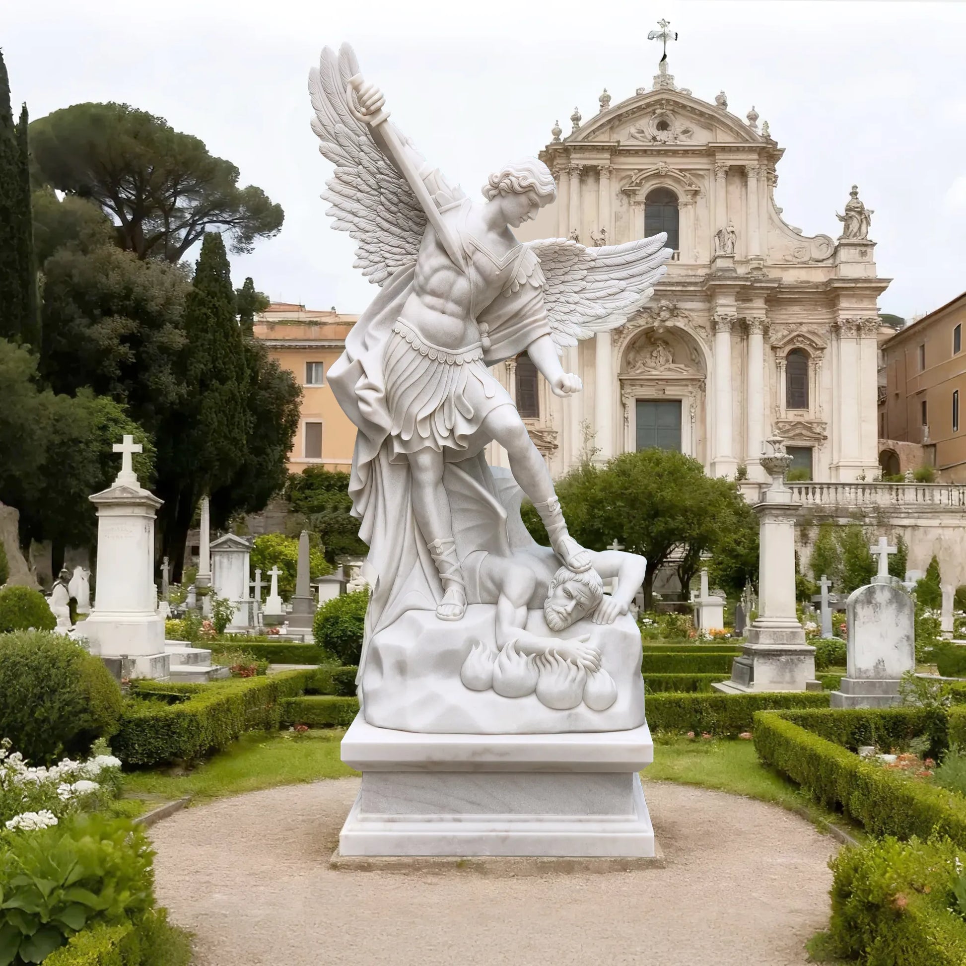 Religious marble sculpture of Saint Michael the Archangel defeating evil, ideal for gardens, churches and memorial spaces.