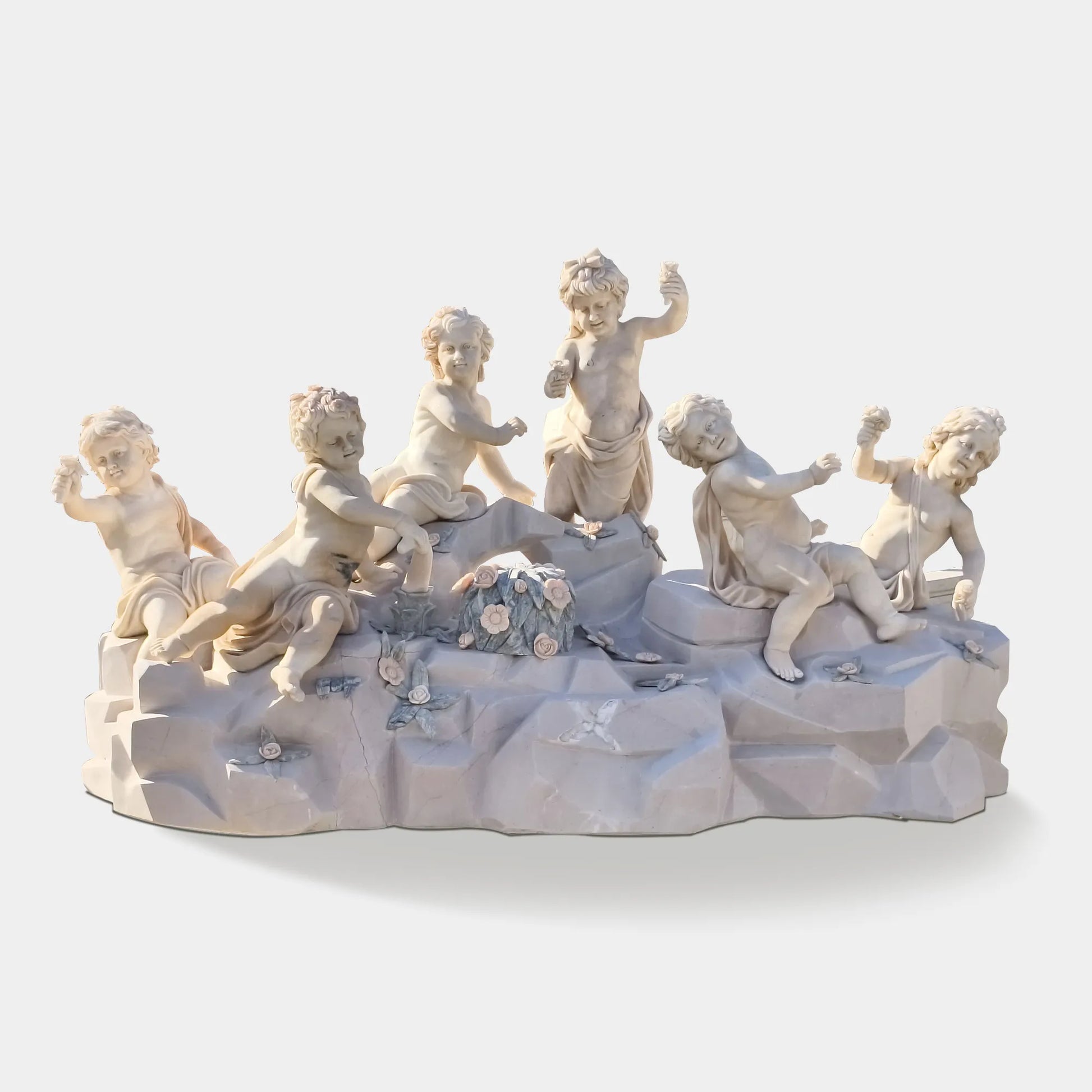 Classical Marble Angel Sculpture with Six Playful Figures and Flowers for Gardens
