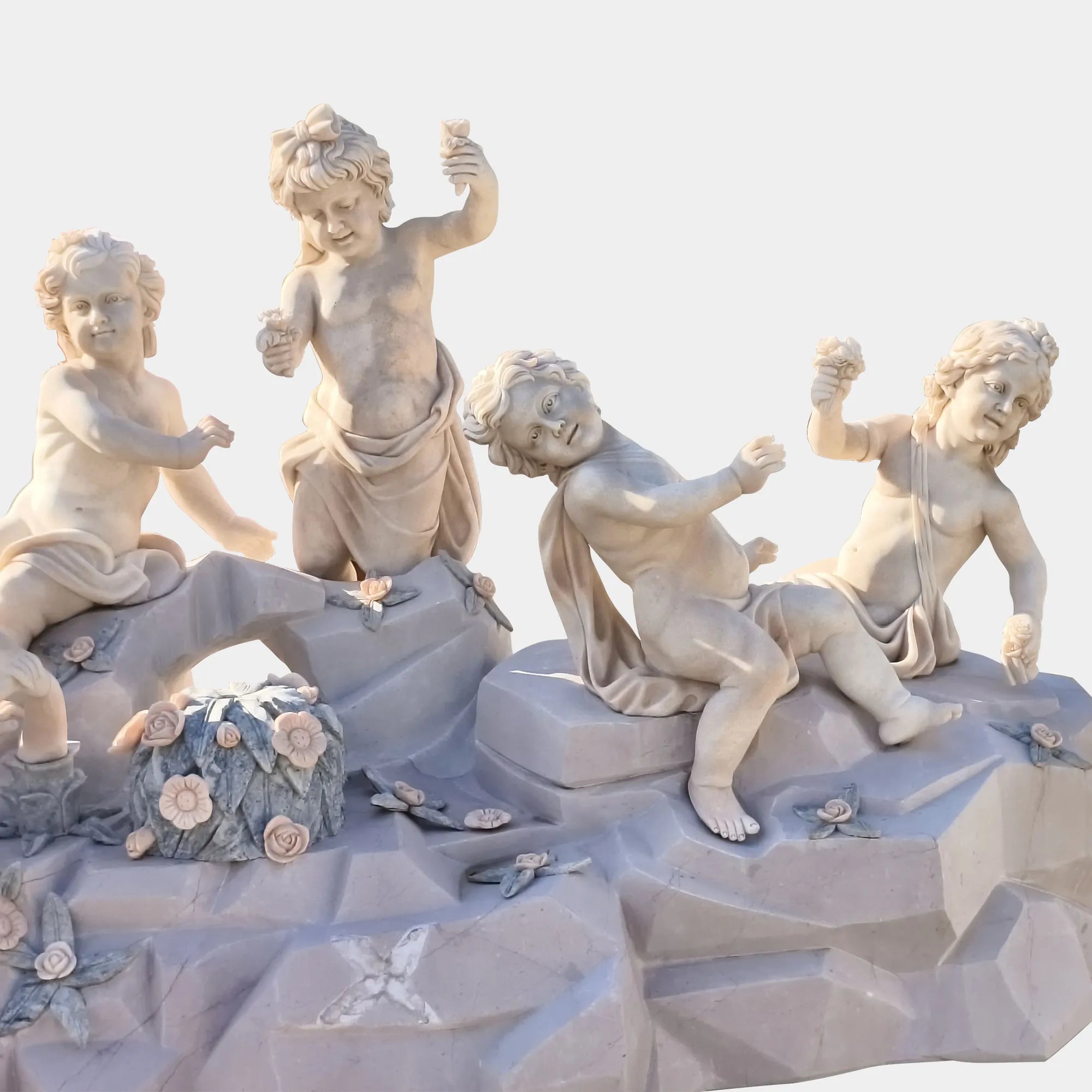 Classical Marble Angel Sculpture with Six Playful Figures and Flowers for Gardens