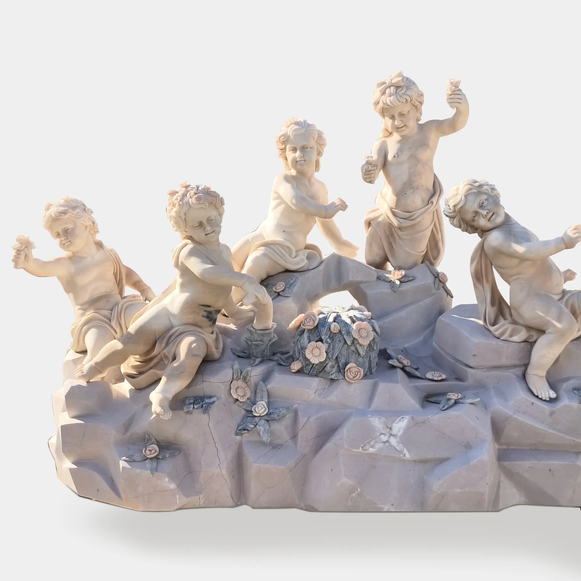 Classical Marble Angel Sculpture with Six Playful Figures and Flowers for Gardens