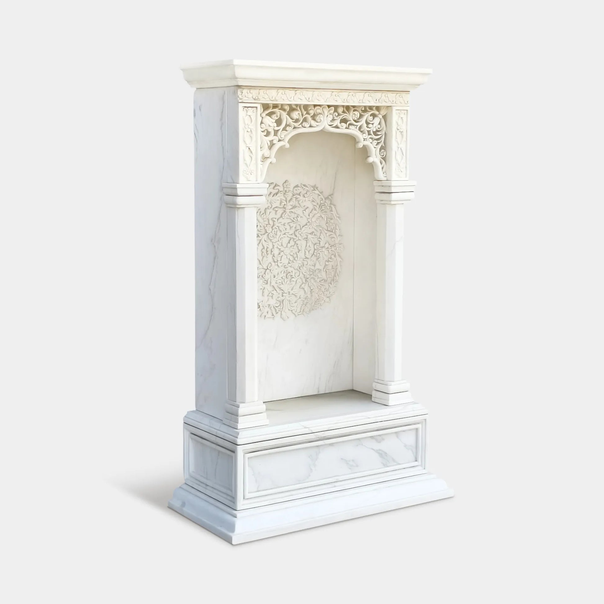 Elegant White Marble Niche Sculpture with Hand-Carved Floral Relie for Villas