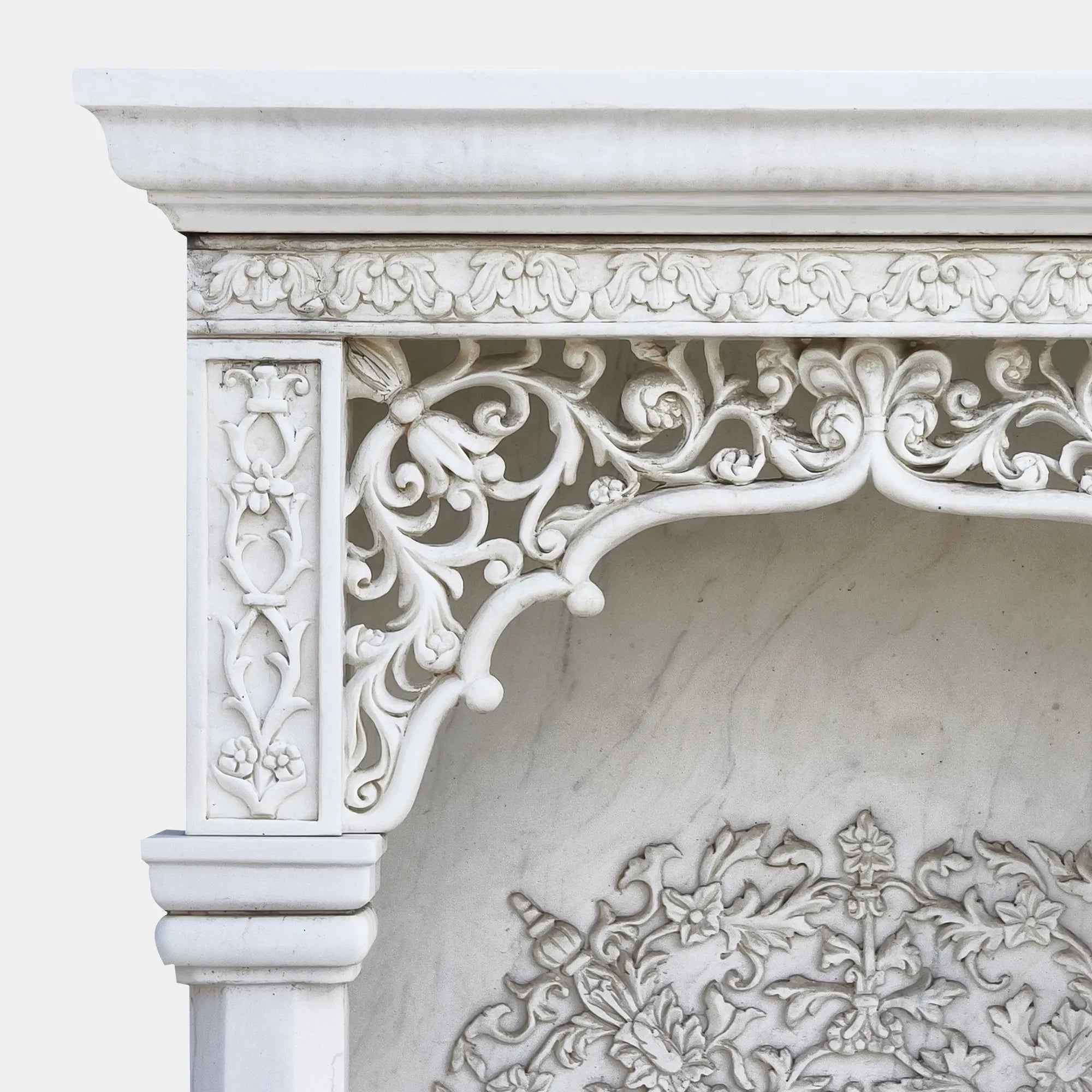 Elegant White Marble Niche Sculpture with Hand-Carved Floral Relie for Villas