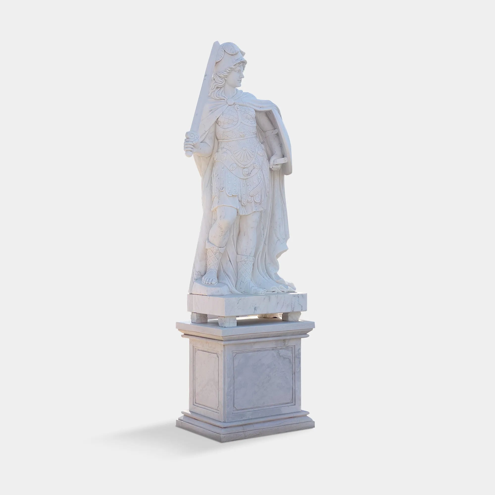 Marble Soldier Sculpture Holding Sword and Shield in Classical Style for Outdoor Display