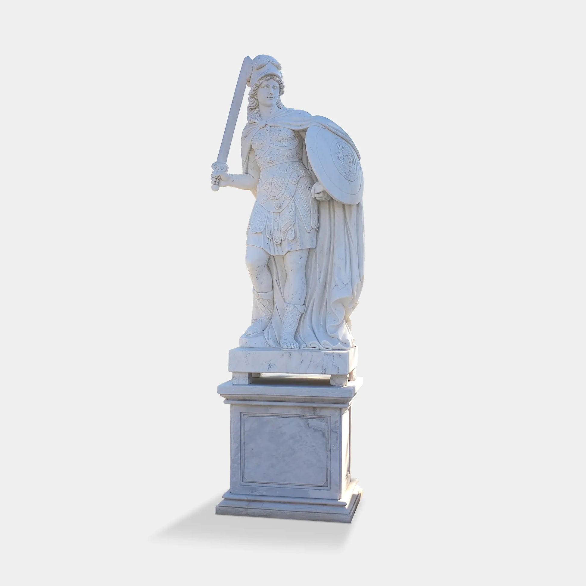 Marble Soldier Sculpture Holding Sword and Shield in Classical Style for Outdoor Display