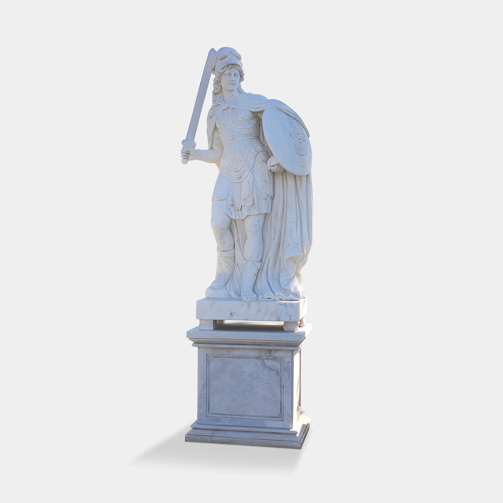 Marble Soldier Sculpture Holding Sword and Shield in Classical Style for Outdoor Display