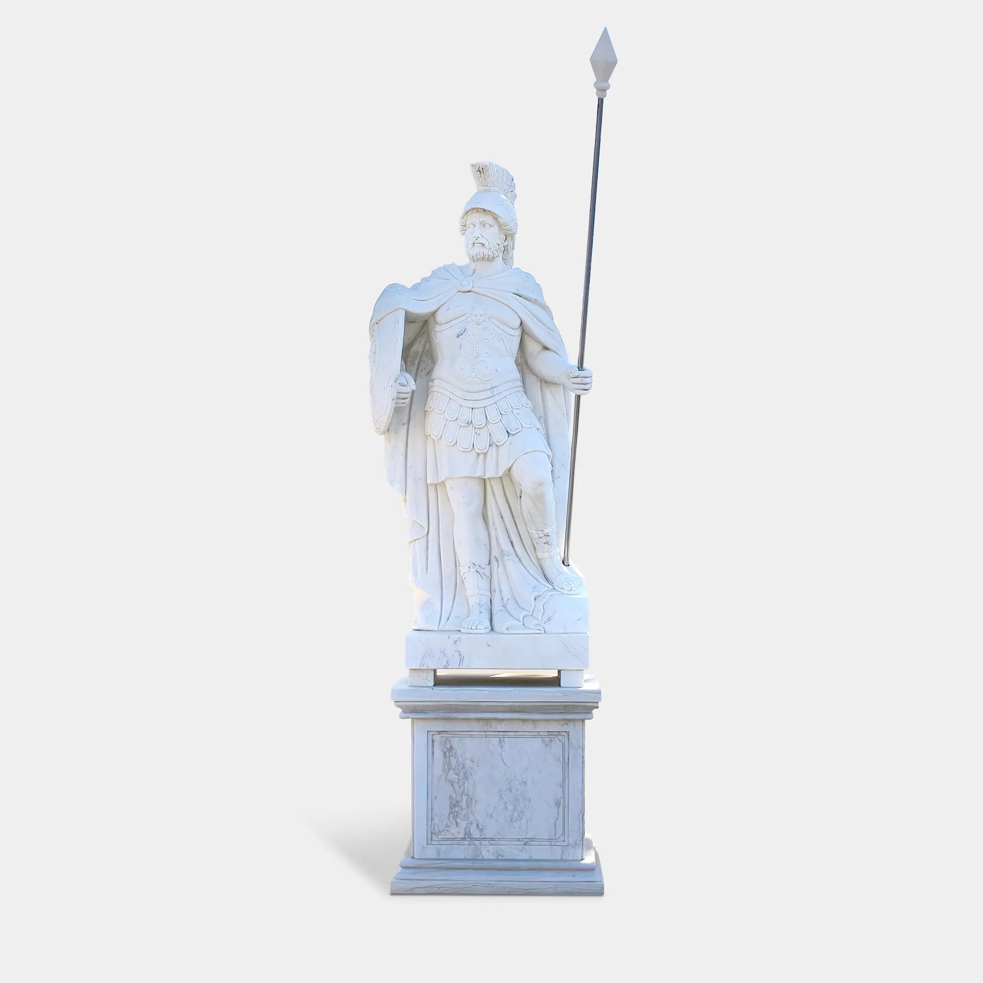 classical marble warrior statue holding a spear and shield for gardens and courtyards.