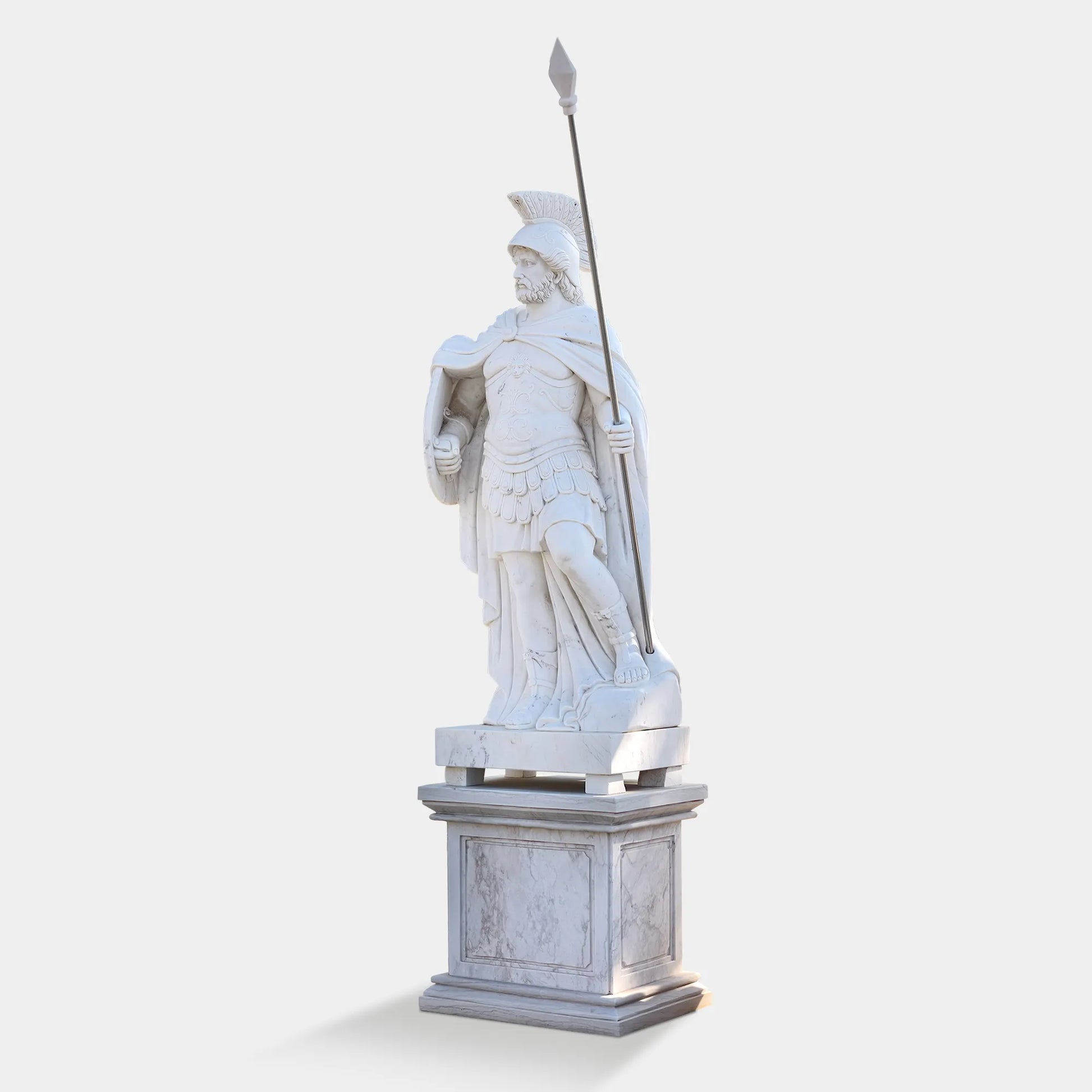 classical marble warrior statue holding a spear and shield for gardens and courtyards.