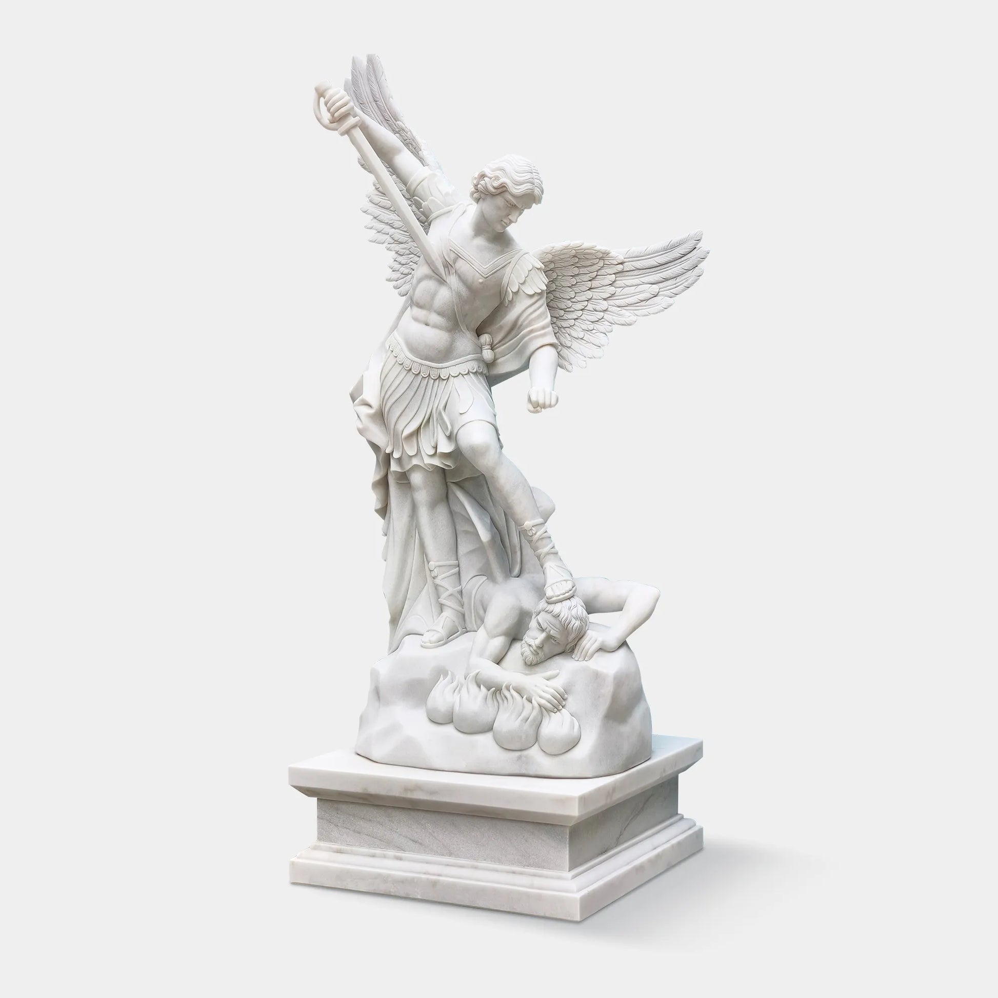 Religious marble sculpture of Saint Michael the Archangel defeating evil, ideal for gardens, churches and memorial spaces.