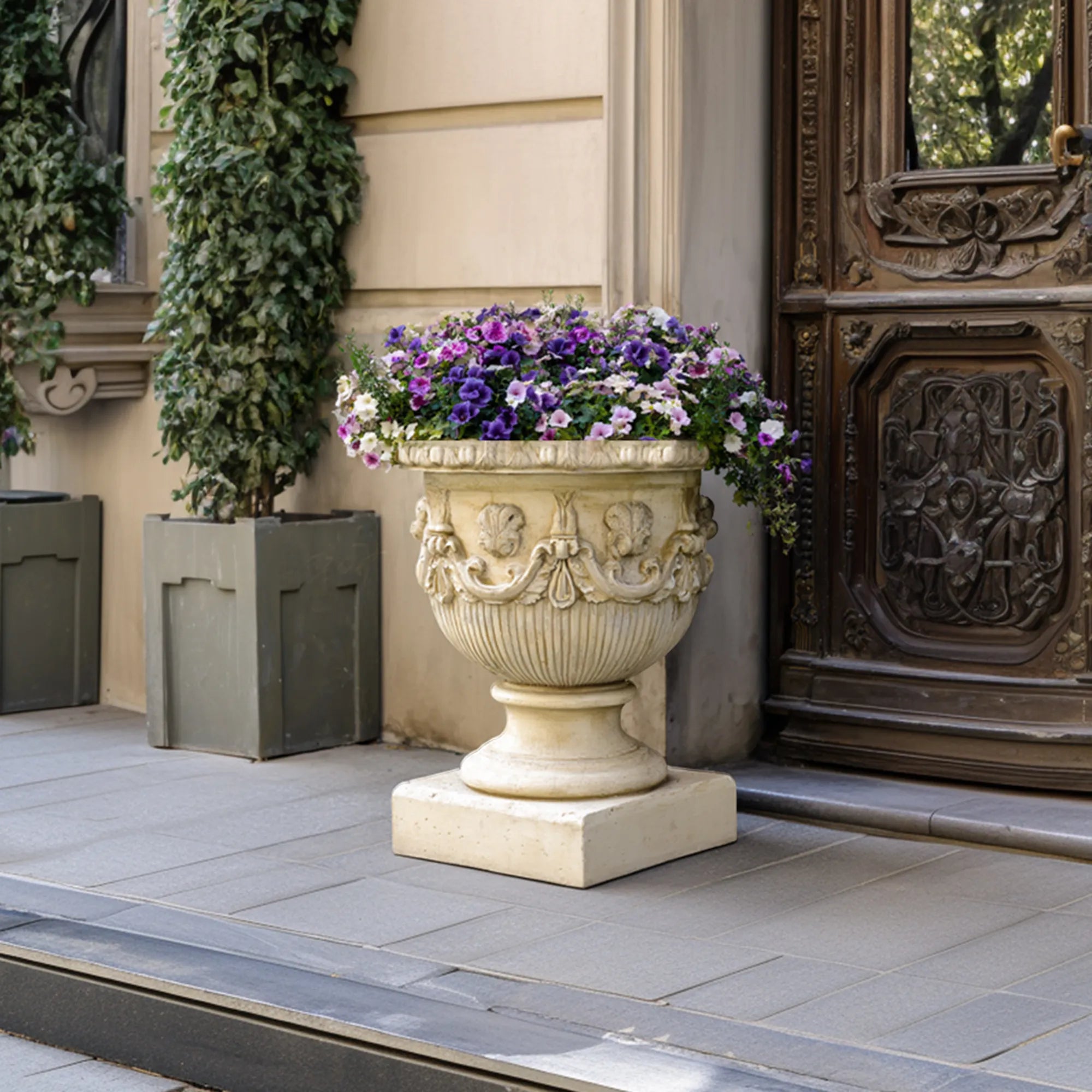 Marble Planter with Classical Relief and Floral Motifs for Luxury Courtyards