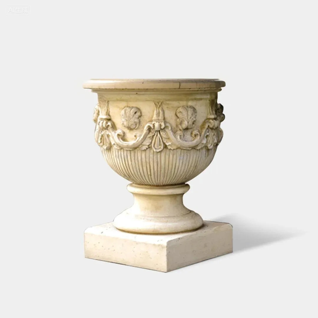 Marble Planter with Classical Relief and Floral Motifs for Luxury Courtyards
