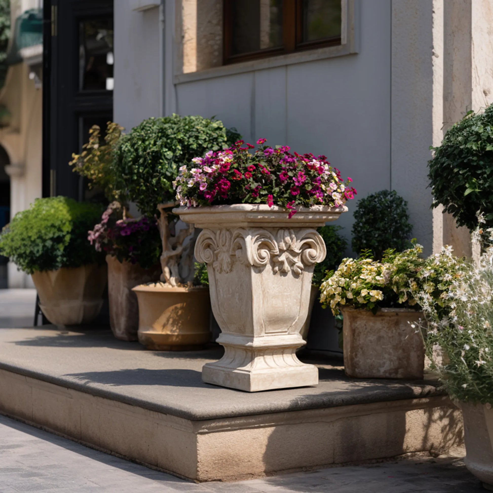Classical Marble Planter with Hand Carved Reliefs for Luxury Patio