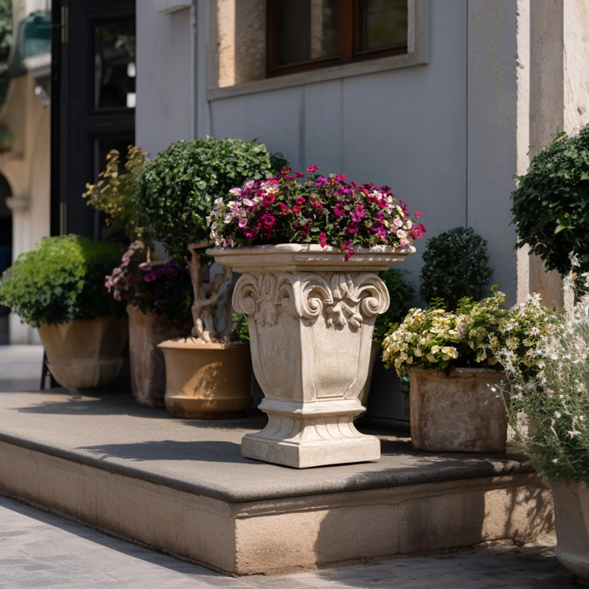 Classical Marble Planter with Hand Carved Reliefs for Luxury Patio