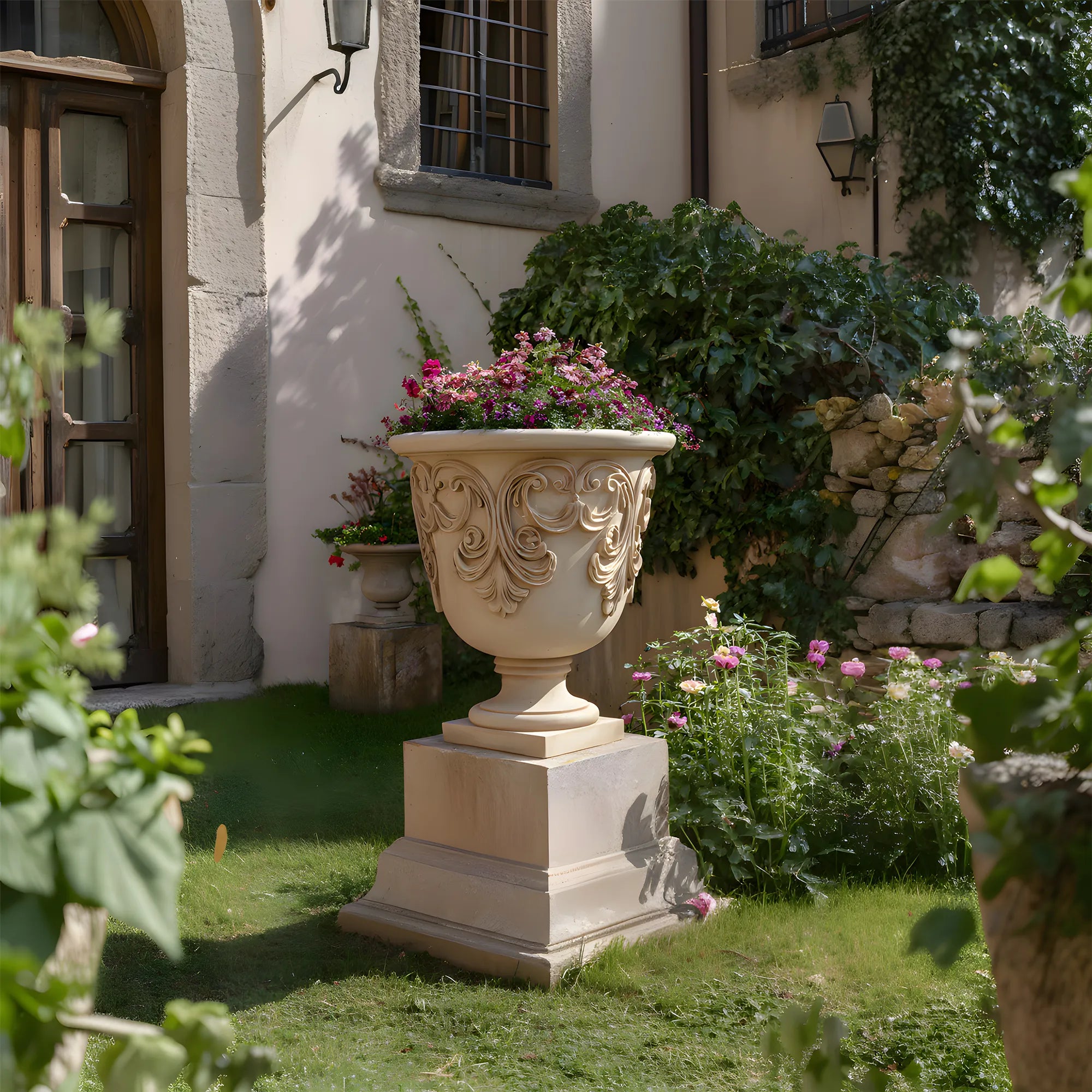 Classical Marble Planter with Carved Reliefs for Gardens
